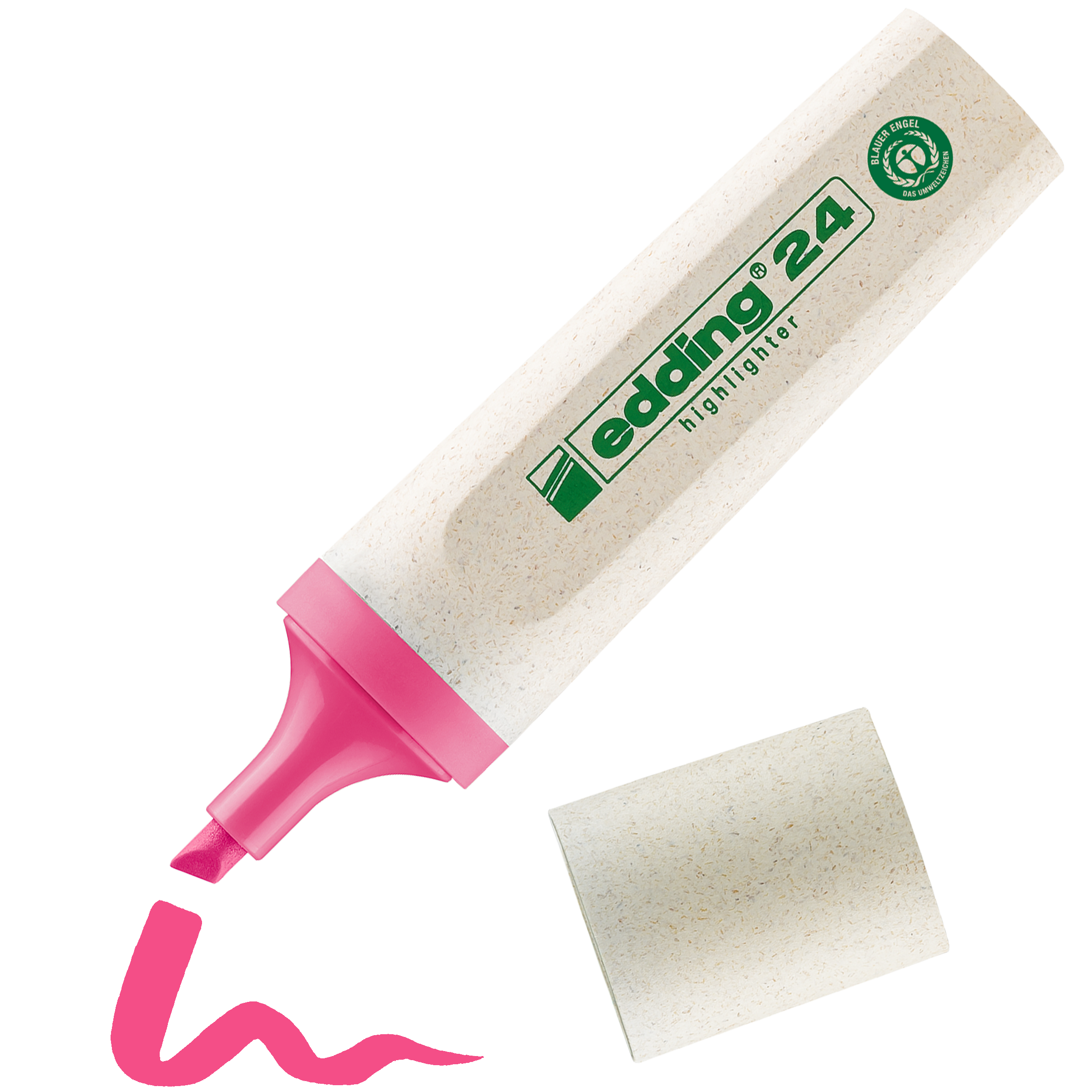 Ein rosafarbener edding 24 EcoLine Textmarker von edding liegt offen da, seine dicke rosafarbene Spitze und der beige gesprenkelte Körper aus nachwachsenden Rohstoffen sind sichtbar, mit einer gewellten rosafarbenen Linie in der Nähe der Spitze.