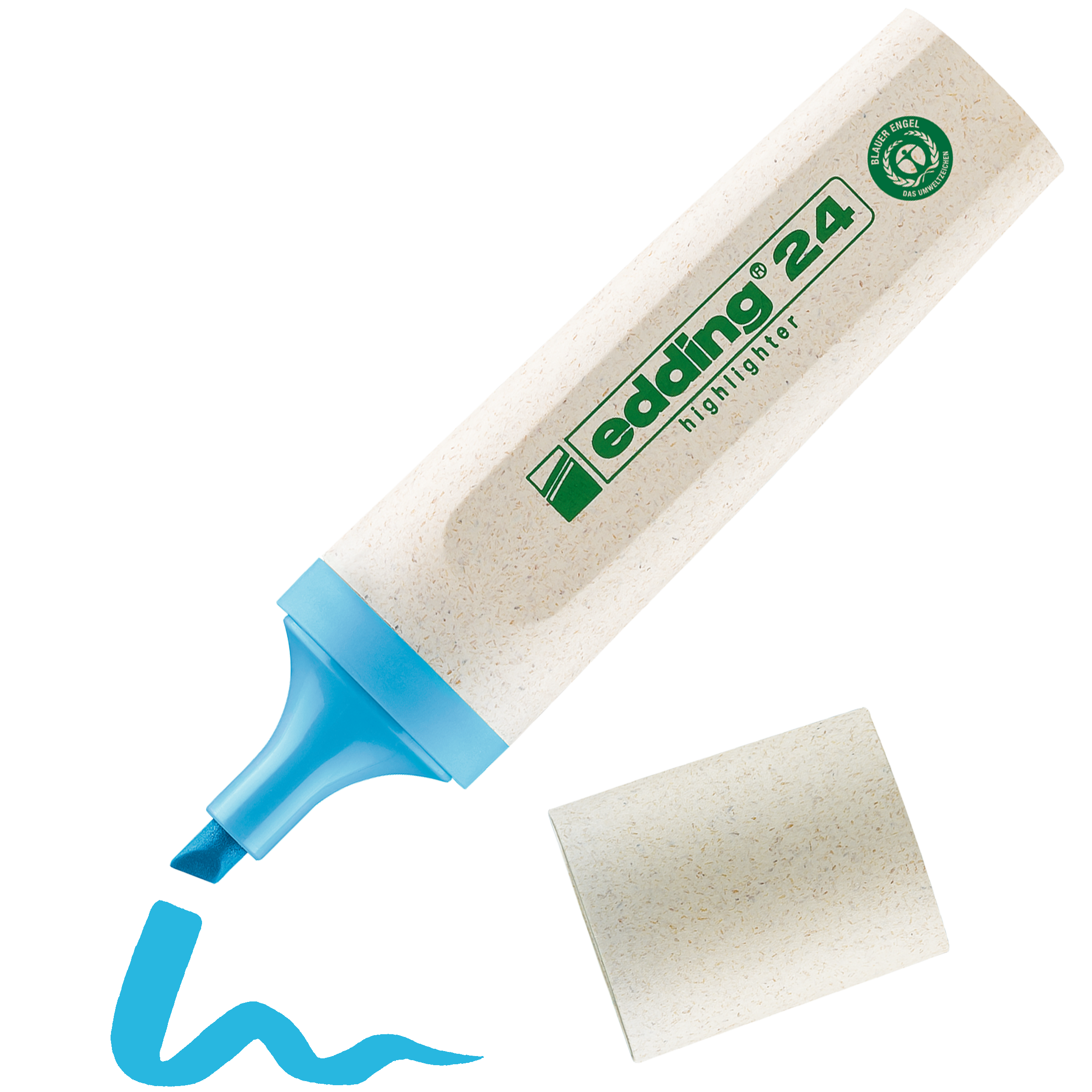 Ein beige-blauer edding 24 EcoLine Textmarker von edding, ohne Kappe, liegt neben einer wellenförmigen blauen Linie, die von seiner Keilspitze ausgeht. Er verfügt über ein grünes Etikett, das Umweltsymbol und die Zertifizierung „Blauer Engel“.