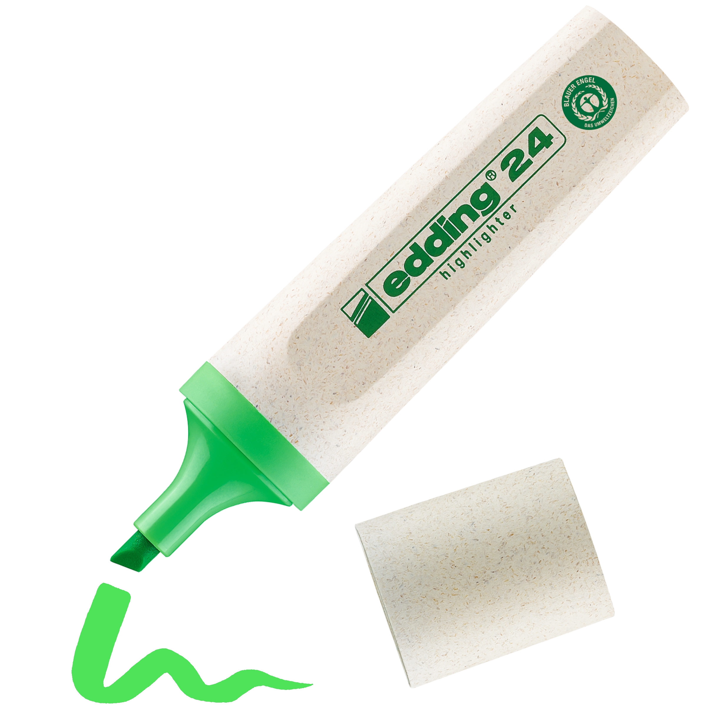 Ein grüner edding 24 EcoLine Textmarker mit abgenommener beiger Kappe liegt neben einer grünen Schnörkelschrift, die die Keilspitze und Farbe illustriert. Der Marker ist umweltfreundlich und trägt das Siegel „Blauer Engel“ für nachwachsende Rohstoffe.