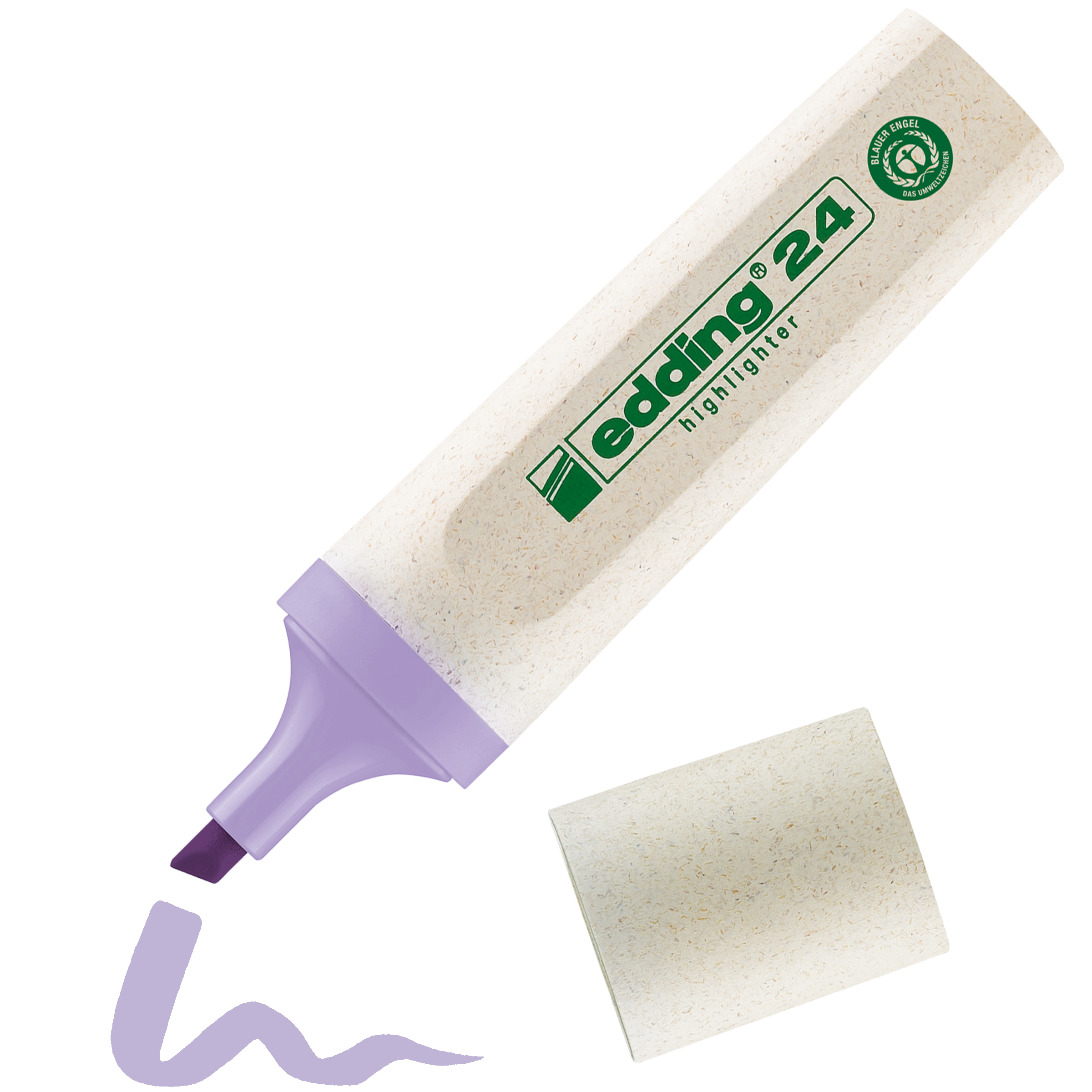 Ein beiger edding 24 EcoLine Textmarker mit lila Spitze und Kappe zeichnet eine lavendelfarbene Wellenlinie. Er trägt das grüne edding-Logo, das Umweltzeichen Blauer Engel und betont die Verwendung nachwachsender Rohstoffe.
