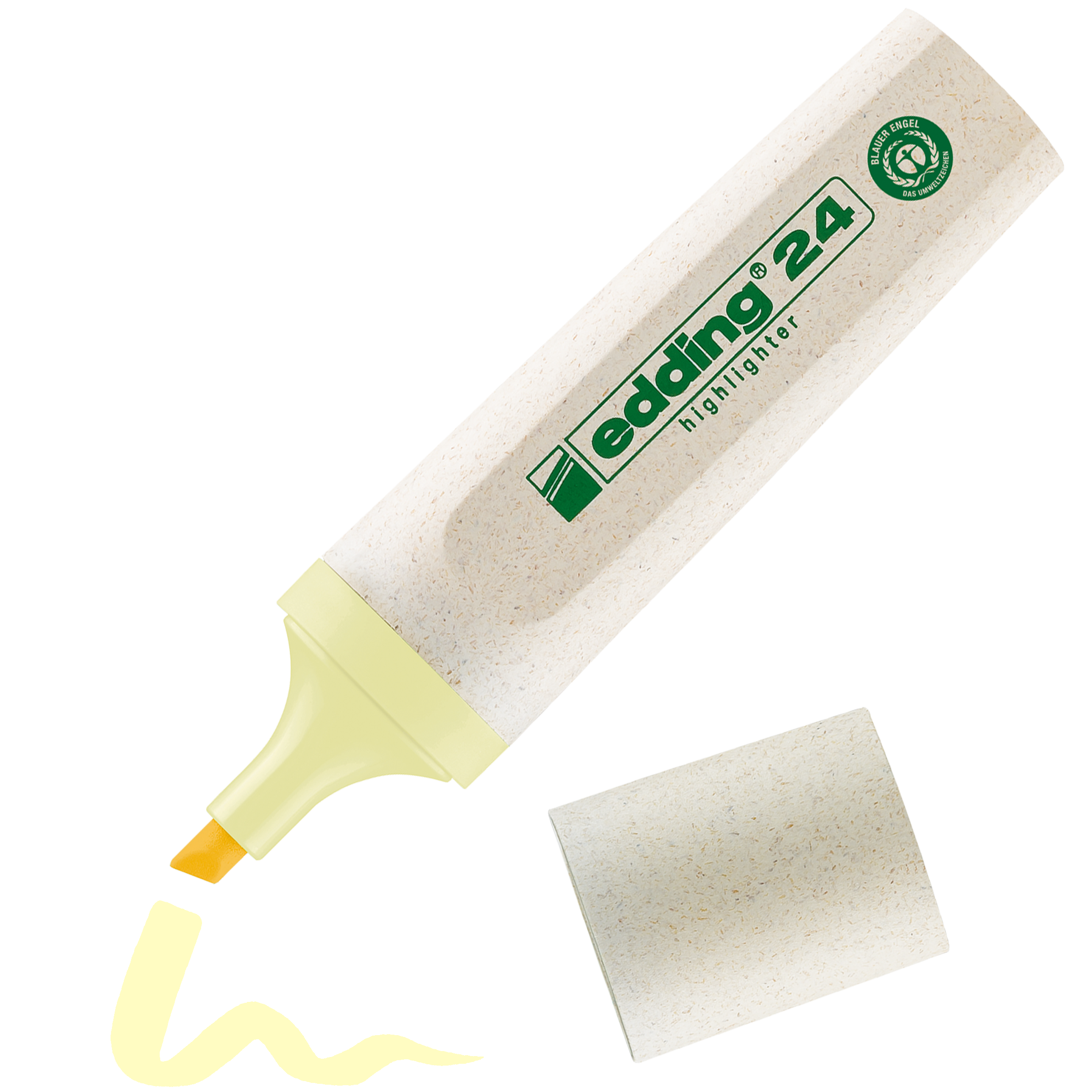 Ein beiger edding 24 EcoLine Textmarker mit gelber Keilspitze zeichnet einen gelben Schnörkel. Der Schaft trägt das grüne edding-Logo, die Umweltzertifizierung und das Blaue Engel-Siegel. Kappe abgenommen und beiseitegelegt.