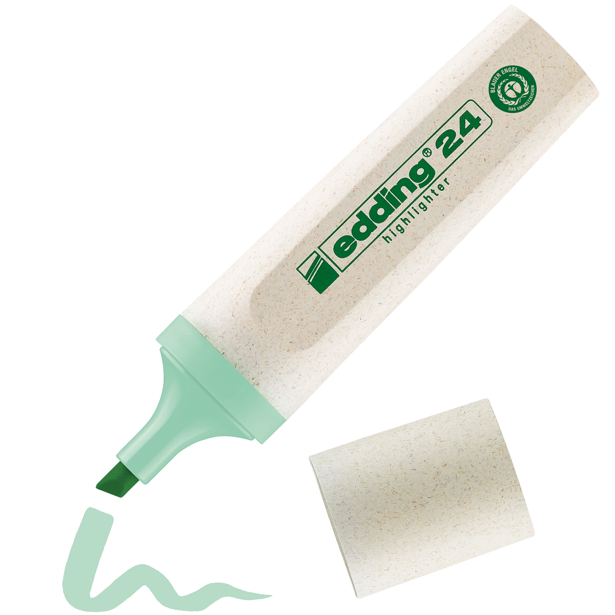 Daneben liegt ein hellgrüner, abgenommener edding 24 EcoLine Textmarker. Die Keilspitze zeichnet eine grüne Wellenlinie, der beige gesprenkelte Schaft besteht aus nachwachsenden Rohstoffen.