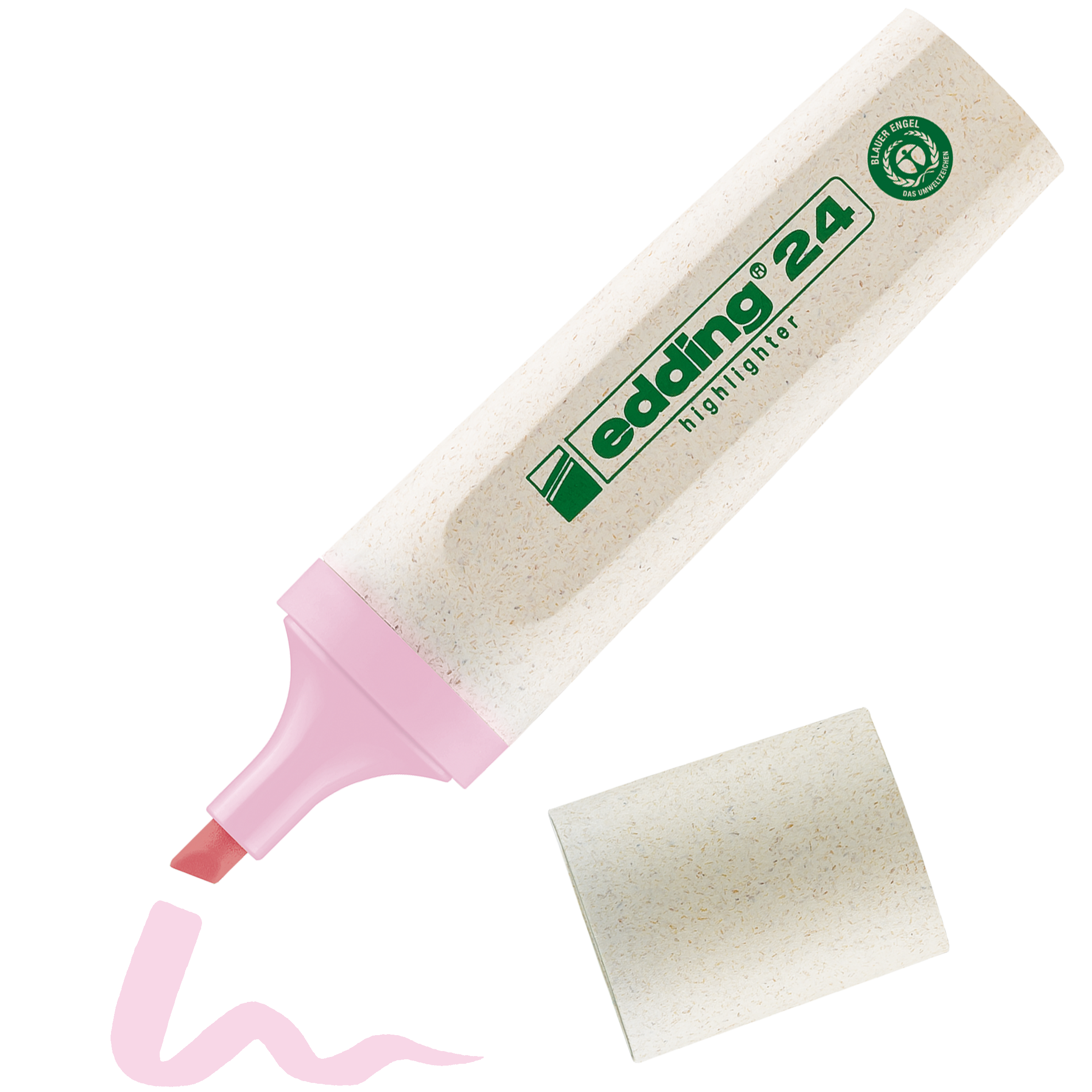 Der edding 24 EcoLine Textmarker von edding in Beige mit rosa Spitze und Kappe wird ohne Kappe mit einer rosa Schlangenlinie abgebildet. Er besteht teilweise aus nachwachsenden Rohstoffen und trägt das Umweltzeichen Blauer Engel.