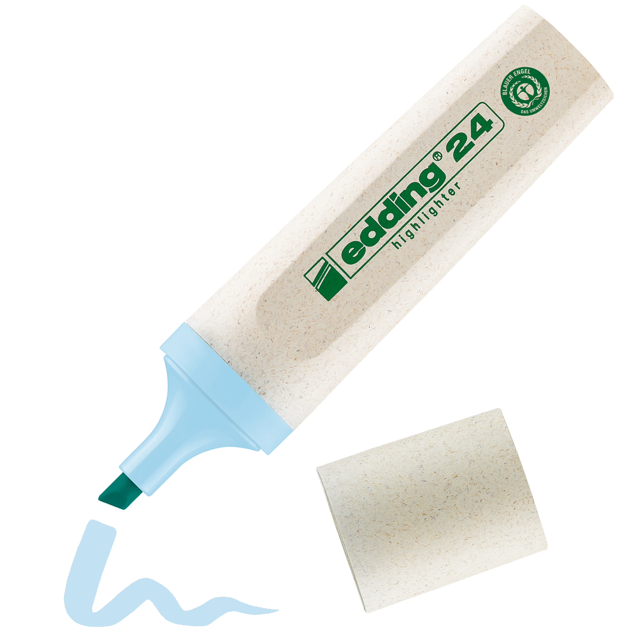 Ein beige-hellblauer edding 24 EcoLine Textmarker von edding, ohne Kappe, mit blauer Keilspitze daneben. Zertifiziert mit dem Blauen Engel für die Verwendung nachwachsender Rohstoffe.