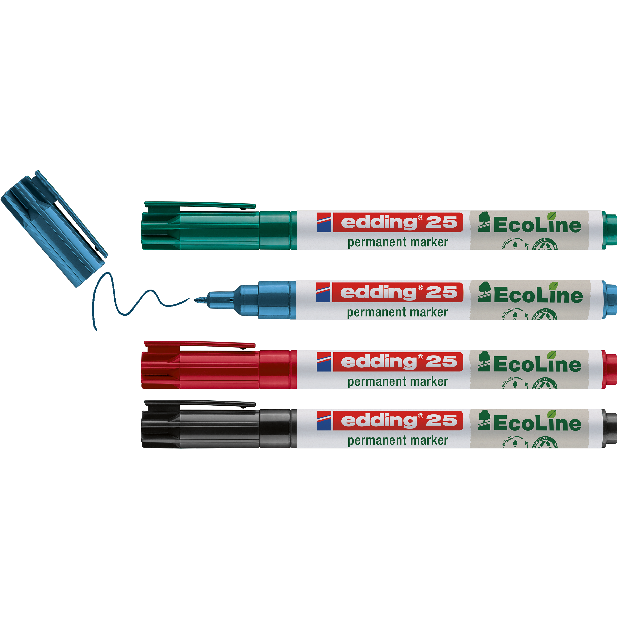 Das edding 25 EcoLine Permanentmarker 4er-Set der Marke edding zeigt vier Marker aus umweltfreundlichen Materialien in Blau, Rot, Grün und Schwarz. Der blaue Marker ist offen und zieht eine Wellenlinie, die anderen sind mit recycelten Kappen verschlossen.