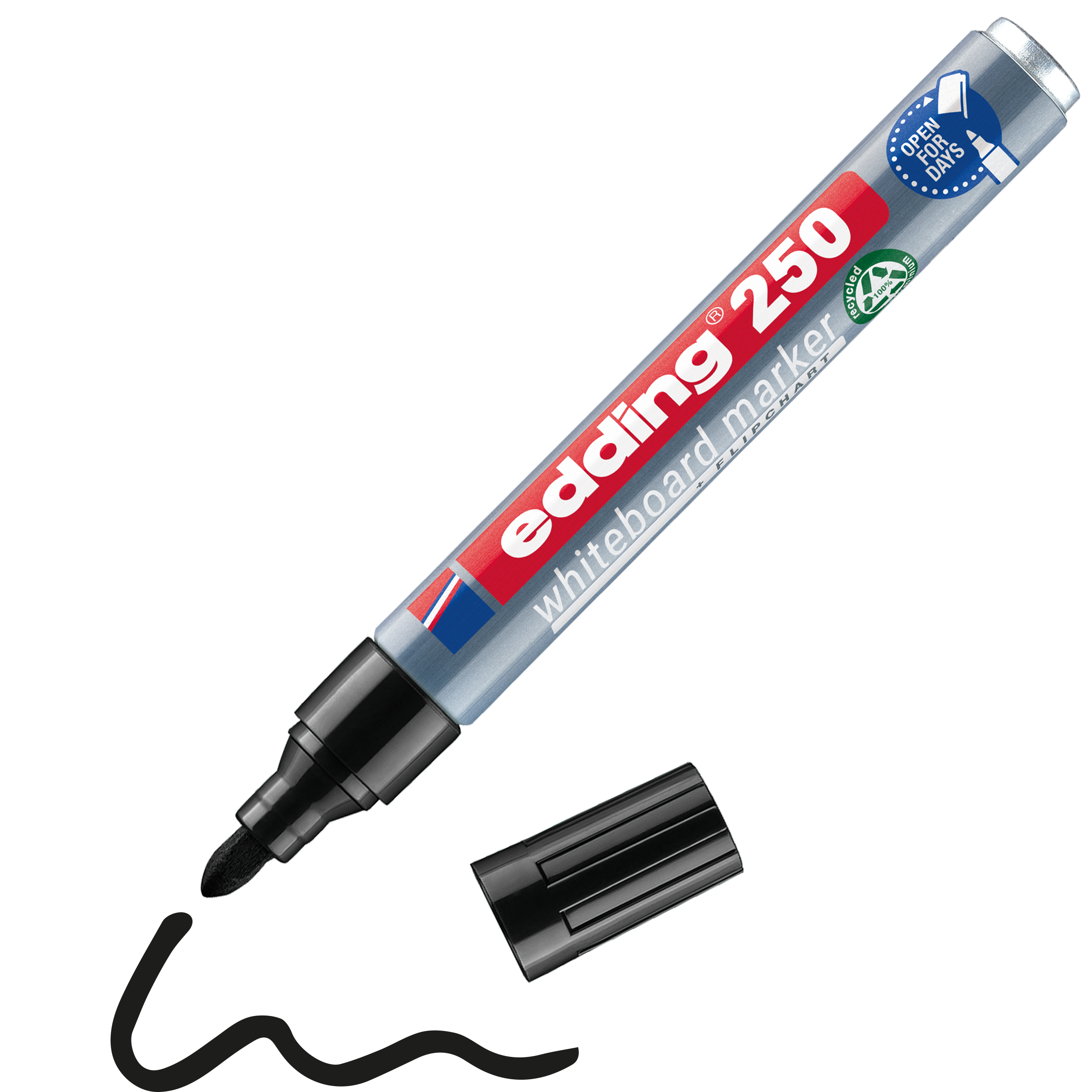 Ein blauer edding 250 Whiteboardmarker ohne schwarze Kappe liegt neben einer wellenförmigen schwarzen Linie, die er gezeichnet hat. Dieser nachhaltige Marker von edding verfügt über eine intensive Pigmenttinte und besteht aus recyceltem Aluminium.