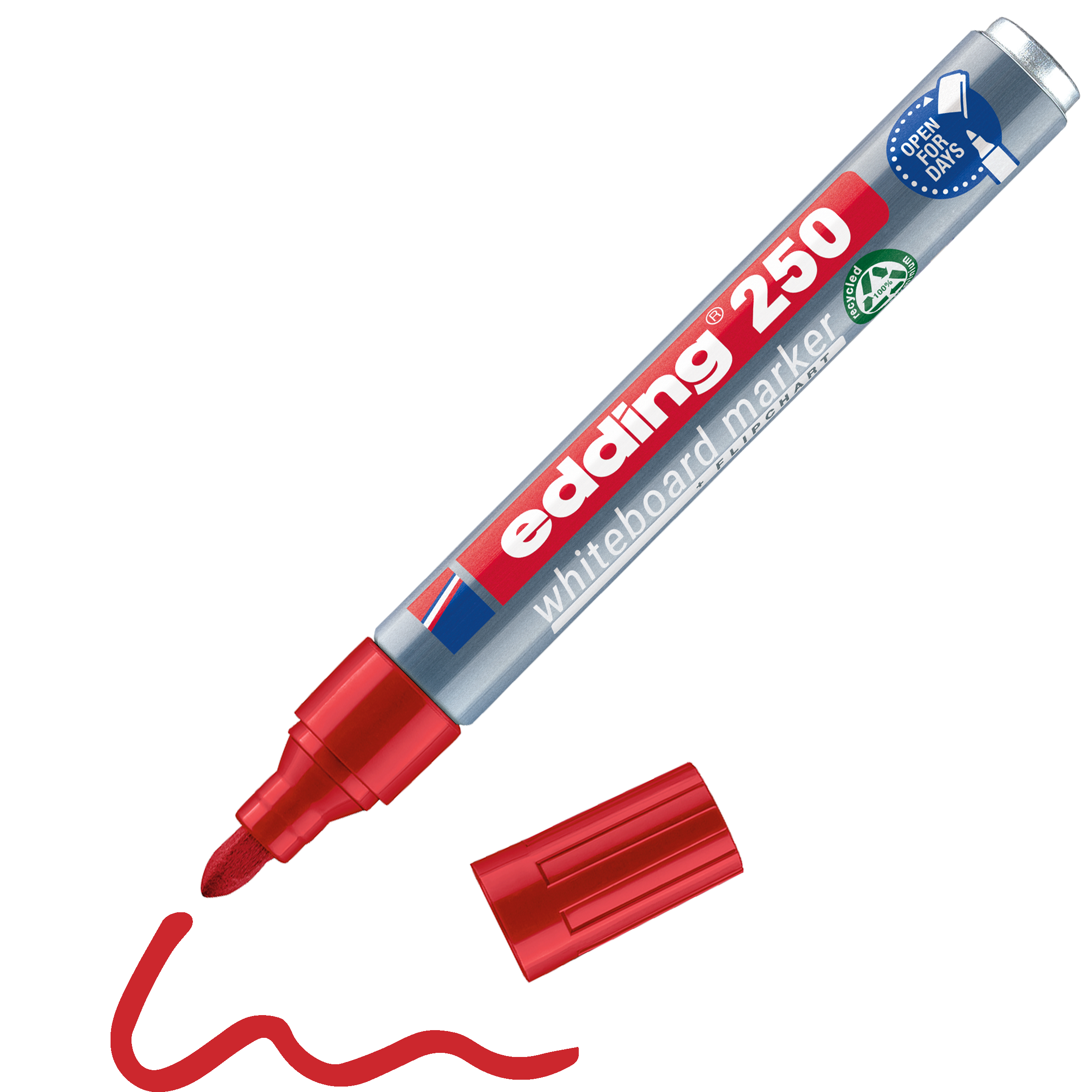 Ein roter edding 250 Whiteboardmarker von edding liegt ohne Kappe neben einer verschnörkelten roten Linie aus Pigmenttinte. Der beschriftete Marker hat eine Keilspitze und besteht aus recyceltem Aluminium.
