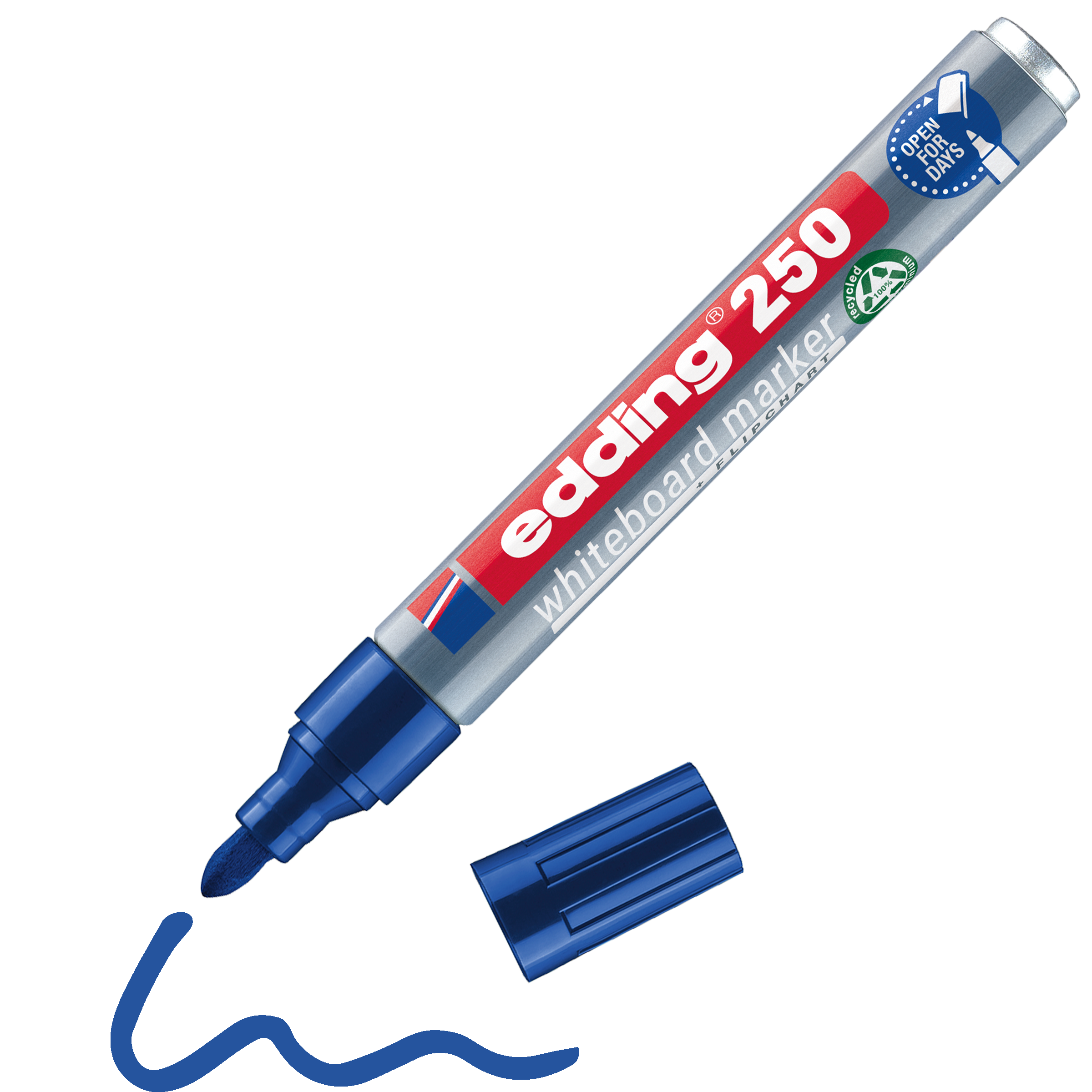Ein blauer edding 250 Whiteboardmarker von edding ohne Kappe liegt neben einer wellenförmigen blauen Linie auf weißem Untergrund. Dieser Marker verfügt über eine runde Spitze, ein auffälliges Logo und verwendet Pigmenttinte für brillante Ergebnisse.