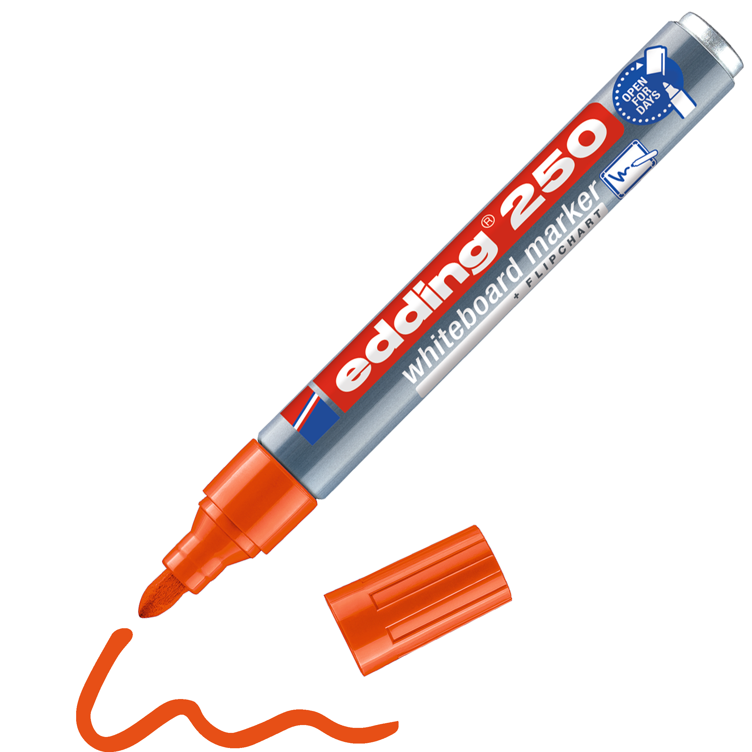 Ein orangefarbener edding 250 Whiteboardmarker von edding aus recyceltem Aluminium liegt offen mit der Kappe daneben. Auf die Oberfläche hat er mit leuchtender Pigmenttinte eine orangefarbene Schlangenlinie gezeichnet.