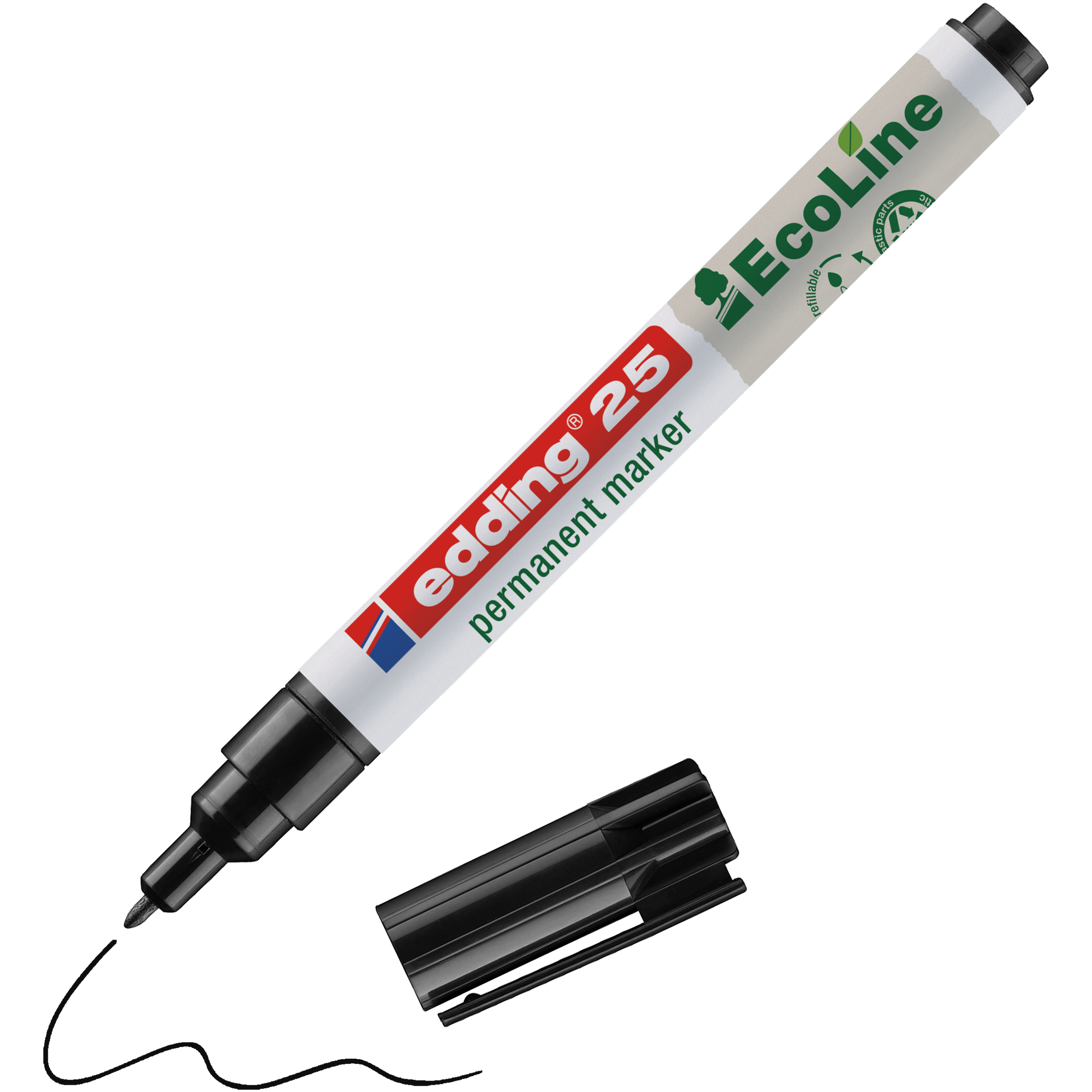 Ein edding 25 EcoLine Permanentmarker mit schwarzer Kappe und sichtbarer schwarzer Tintenlinie sowie darunterliegender Kappe. Der weiĂźe Schaft ist mit rot-grĂĽner Beschriftung versehen, was das umweltfreundliche Design des Markers von edding unterstreicht.