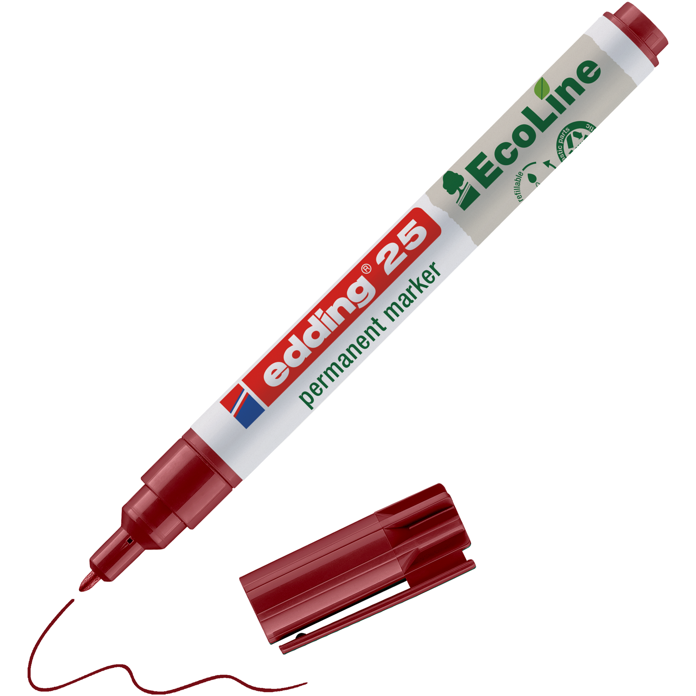 Ein roter edding 25 EcoLine Permanentmarker ohne Kappe liegt daneben und zeichnet eine rote Linie. Auf dem Gehäuse des Markers sind die Marke edding und Umweltetiketten zu sehen.