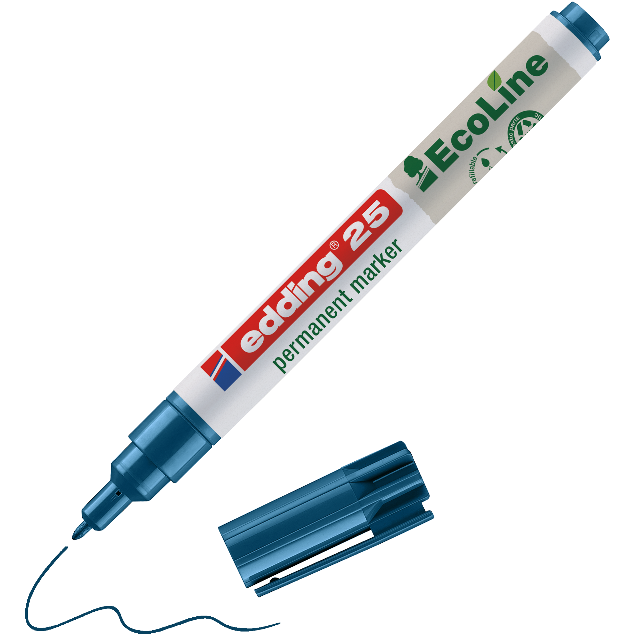 Ein edding 25 EcoLine Permanentmarker von edding ohne Kappe zeigt eine feine Spitze und eine blaue Wellenlinie. Das Etikett ist mit grĂĽn-rotem Text und Umweltsymbolen versehen und weist ihn als nachhaltigen Marker aus.