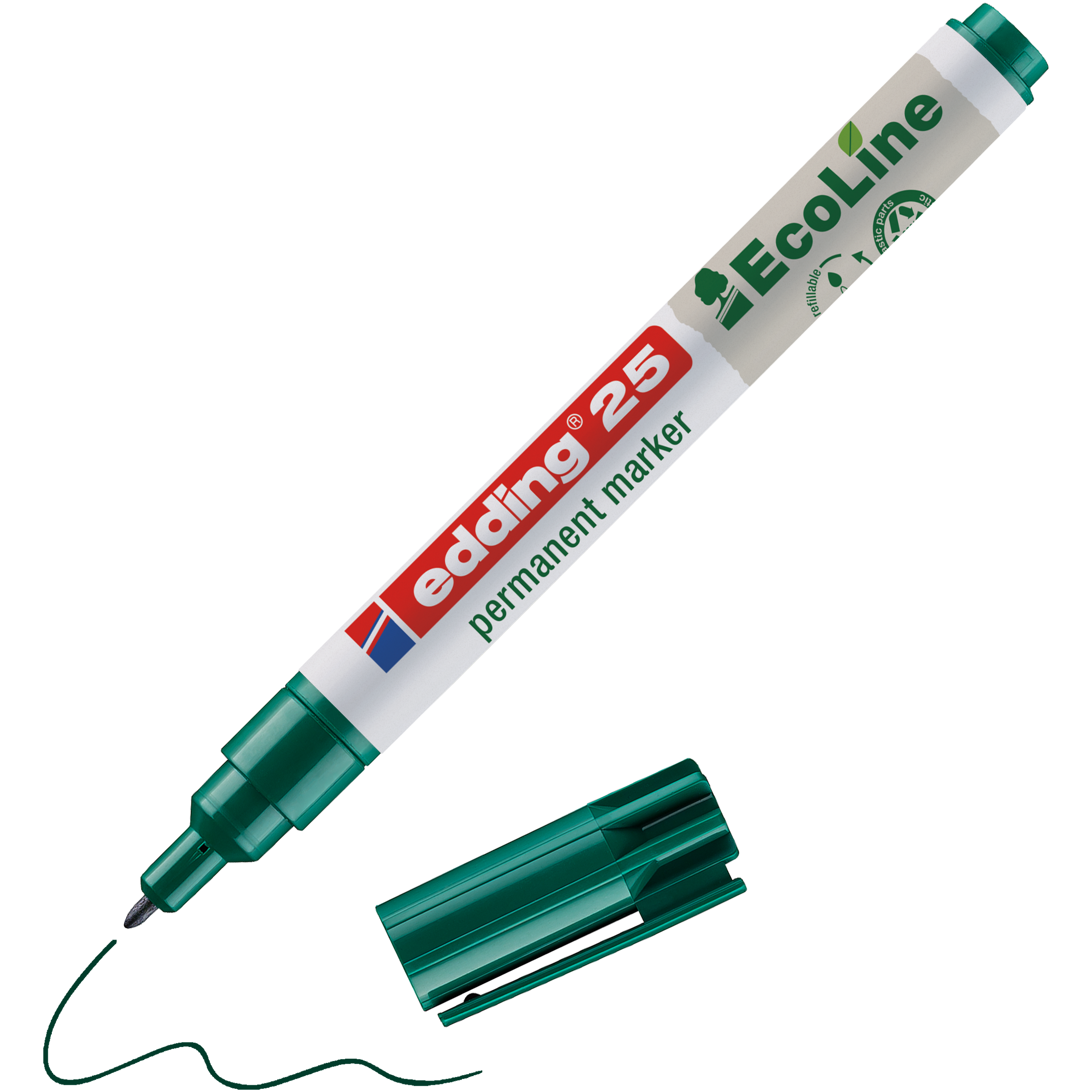 Ein grĂĽner Permanentmarker edding 25 EcoLine von edding, abgebildet ohne Kappe und eine grĂĽne Wellenlinie zeichnend, liegt neben seiner Kappe.