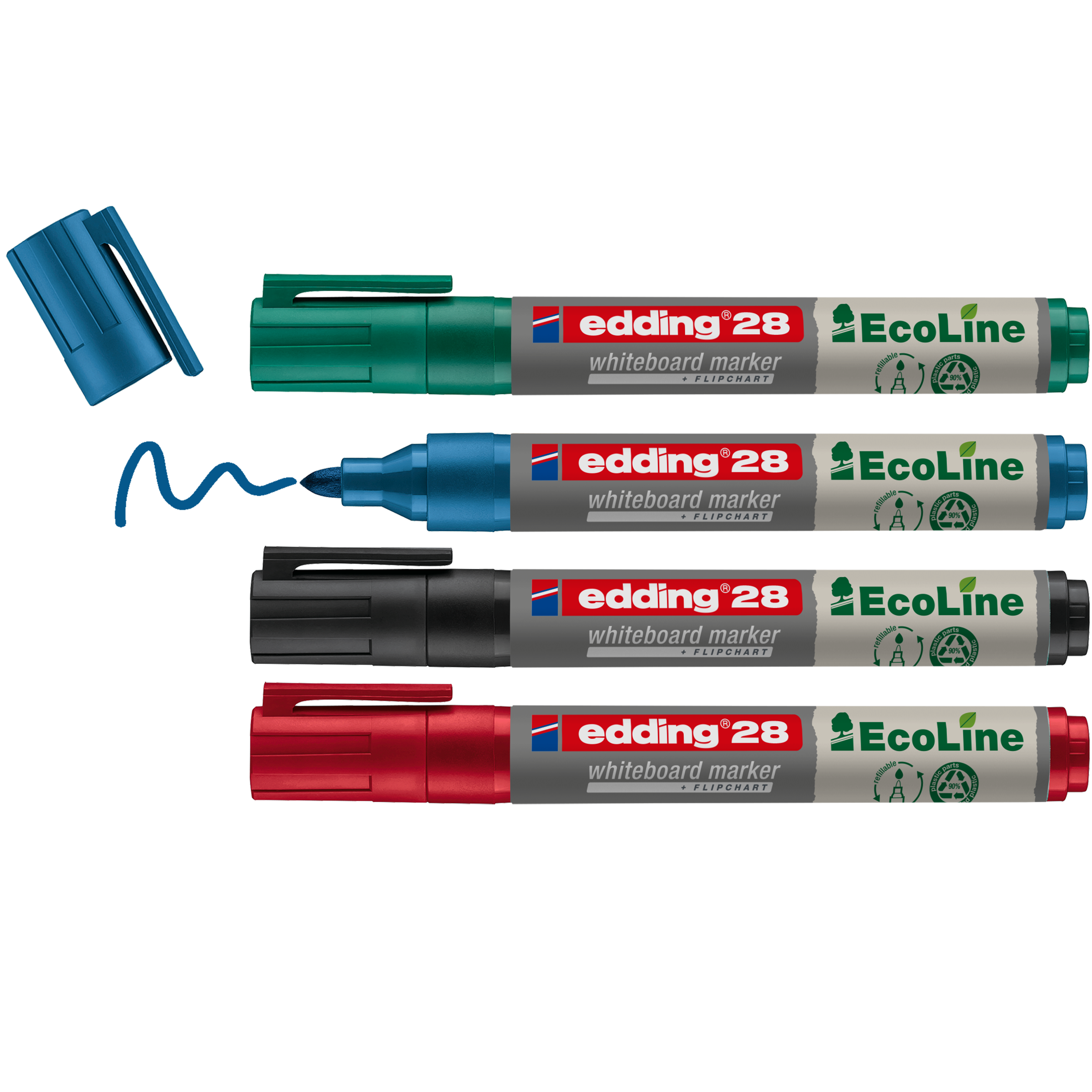 Das edding 28 EcoLine Whiteboardmarker 4er-Set von edding enthält blaue, grüne, schwarze und rote Marker aus recyceltem Material. Die Kappe des blauen Markers ist abnehmbar und zeigt eine Wellenlinie. Alle Marker sind für mehr Nachhaltigkeit nachfüllbar.