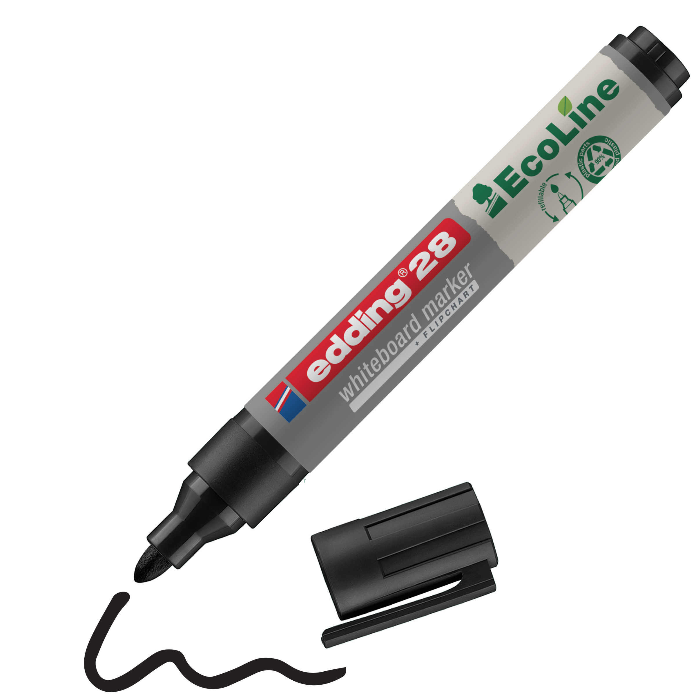 Ein schwarzer edding 28 EcoLine Whiteboardmarker von edding aus Recyclingmaterial liegt ohne Kappe daneben. Er hat eine dicke Spitze, zeichnet eine wellenförmige schwarze Linie und zeigt umweltfreundliche Grafiken und nachfüllbare Beschriftungen.