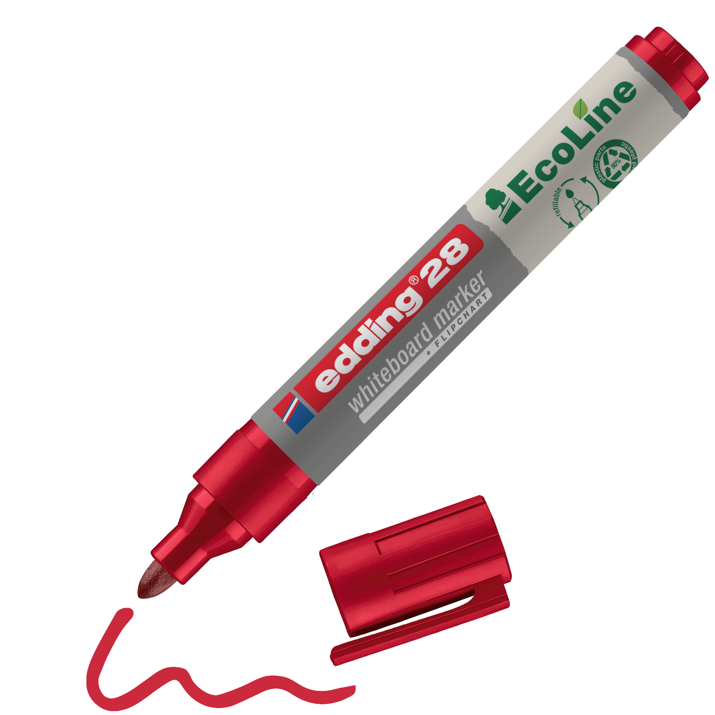 Ein roter edding 28 EcoLine Whiteboardmarker von edding, hergestellt aus recycelten Materialien und aus Nachhaltigkeitsgründen nachfüllbar, liegt ohne Kappe neben einer kräftigen roten Wellenlinie.