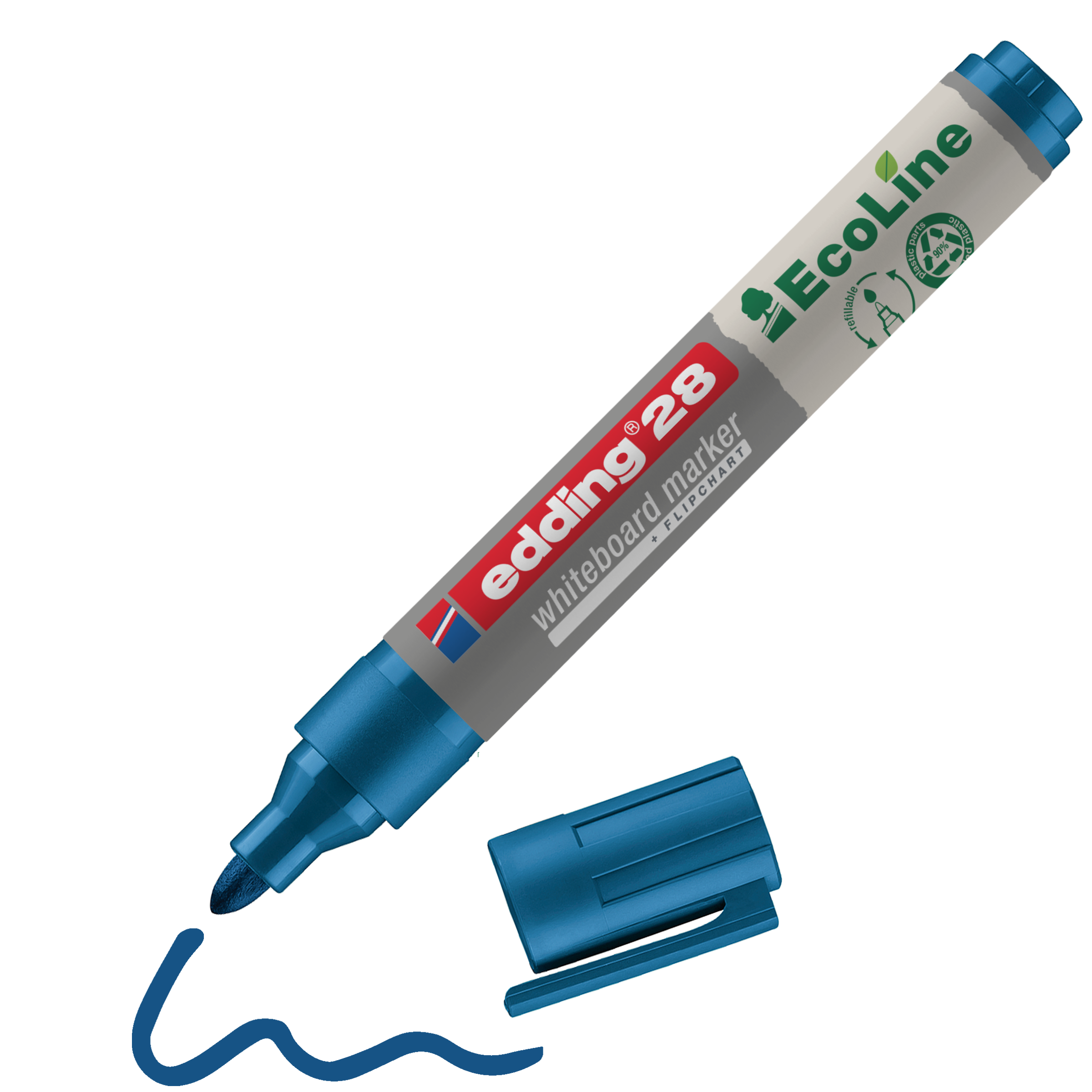 Ein edding 28 EcoLine Whiteboardmarker von edding in Blau, aus recyceltem Material und nachfüllbar, liegt mit abgezogener Kappe daneben; Darunter verläuft eine gewellte blaue Linie vom Marker aus.