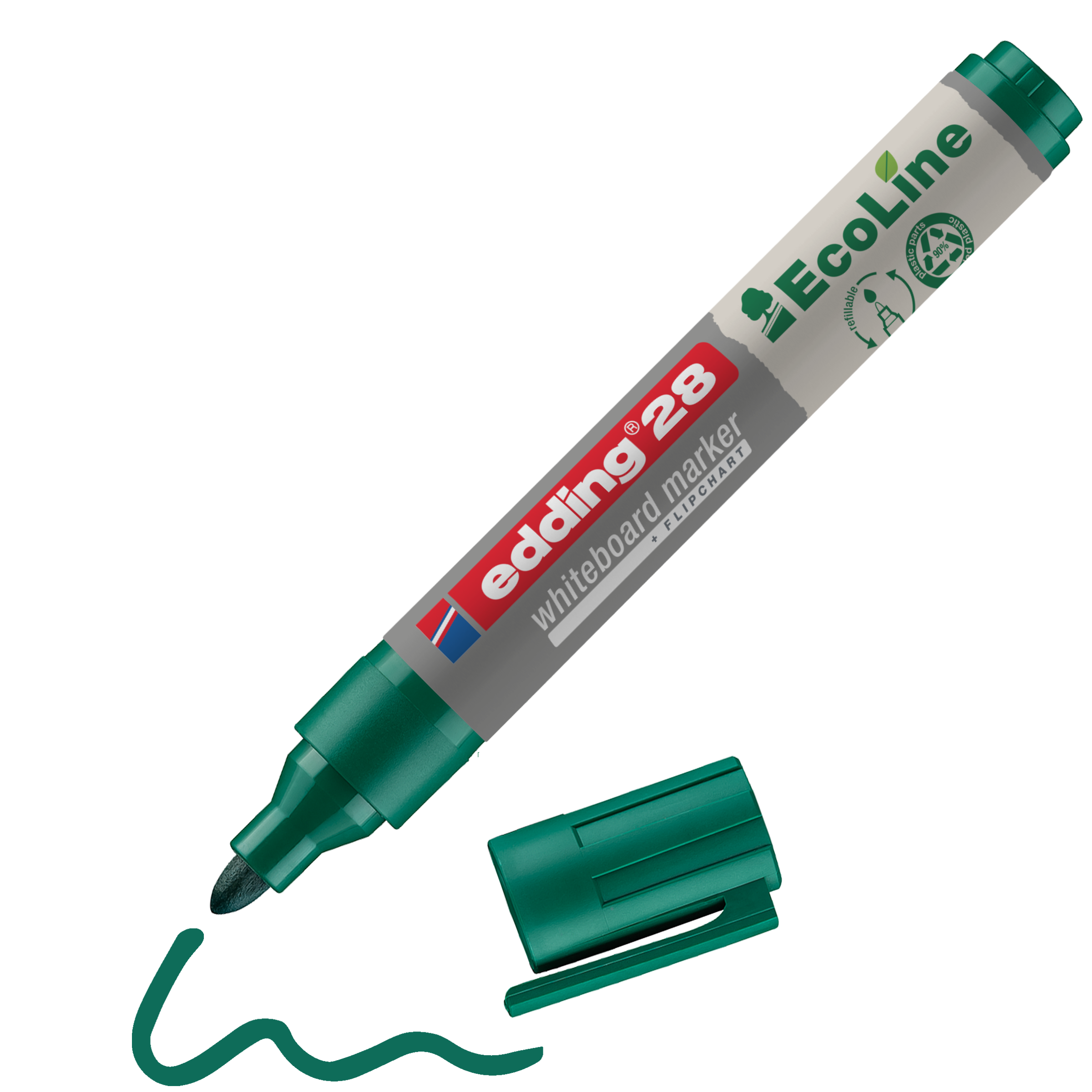 Ein grüner edding 28 EcoLine Whiteboardmarker von edding, ohne Kappe, der eine wellenförmige grüne Linie zeichnet. Hergestellt aus recycelten Materialien mit umweltfreundlichem Branding, ist dieser Marker nachfüllbar für eine nachhaltige Nutzung.