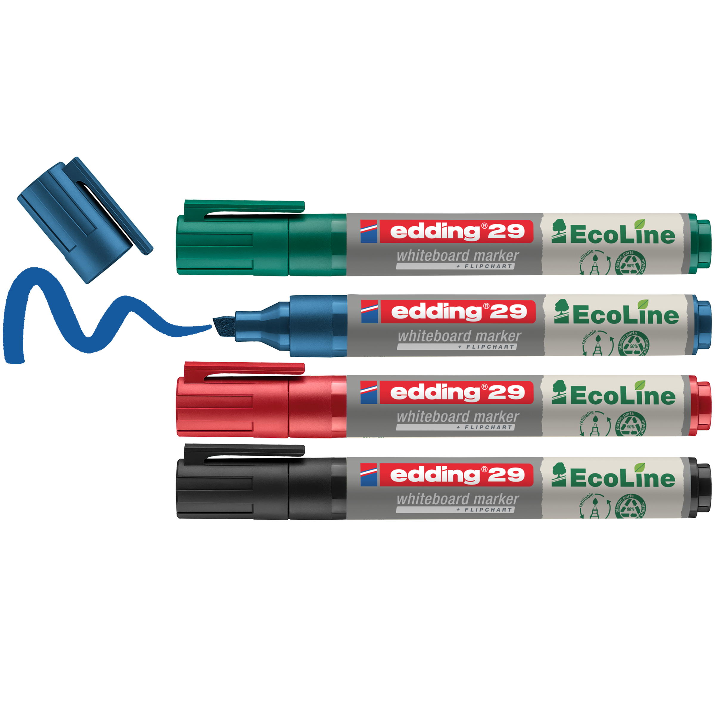 Das edding 29 EcoLine Whiteboardmarker 4er-Set von edding zeigt Marker in GrĂĽn, Blau, Rot und Schwarz; Der blaue Marker ist offen mit blauer Linie, die ĂĽbrigen nachfĂĽllbaren Marker sind geschlossen und gestapelt.
