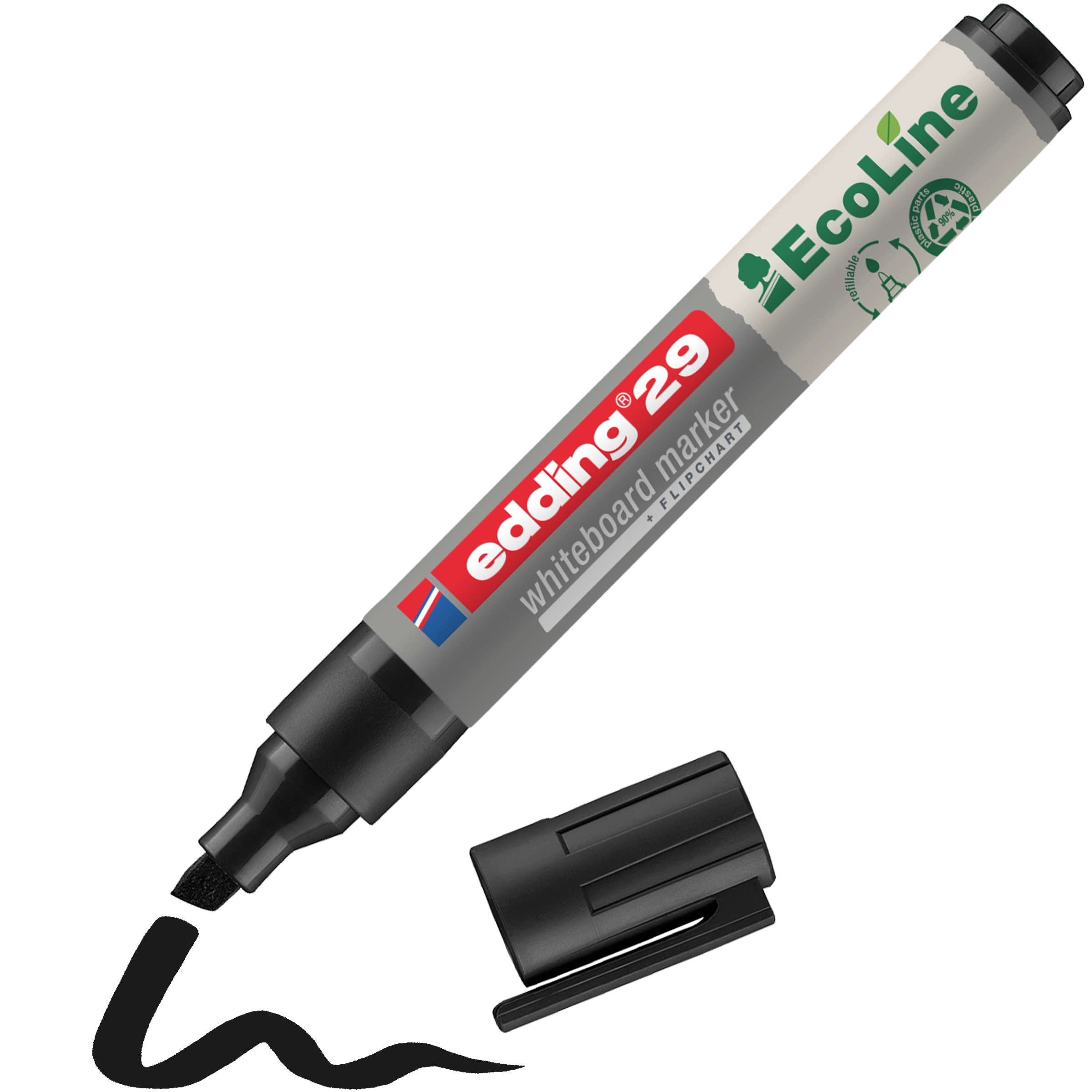 Ein schwarzer edding 29 EcoLine Whiteboardmarker von edding, hergestellt aus recyceltem Material, nachfüllbar, ohne Kappe mit einer gewellten schwarzen Linie von der Keilspitze und sichtbarer Umweltkennzeichnung auf dem Gehäuse.