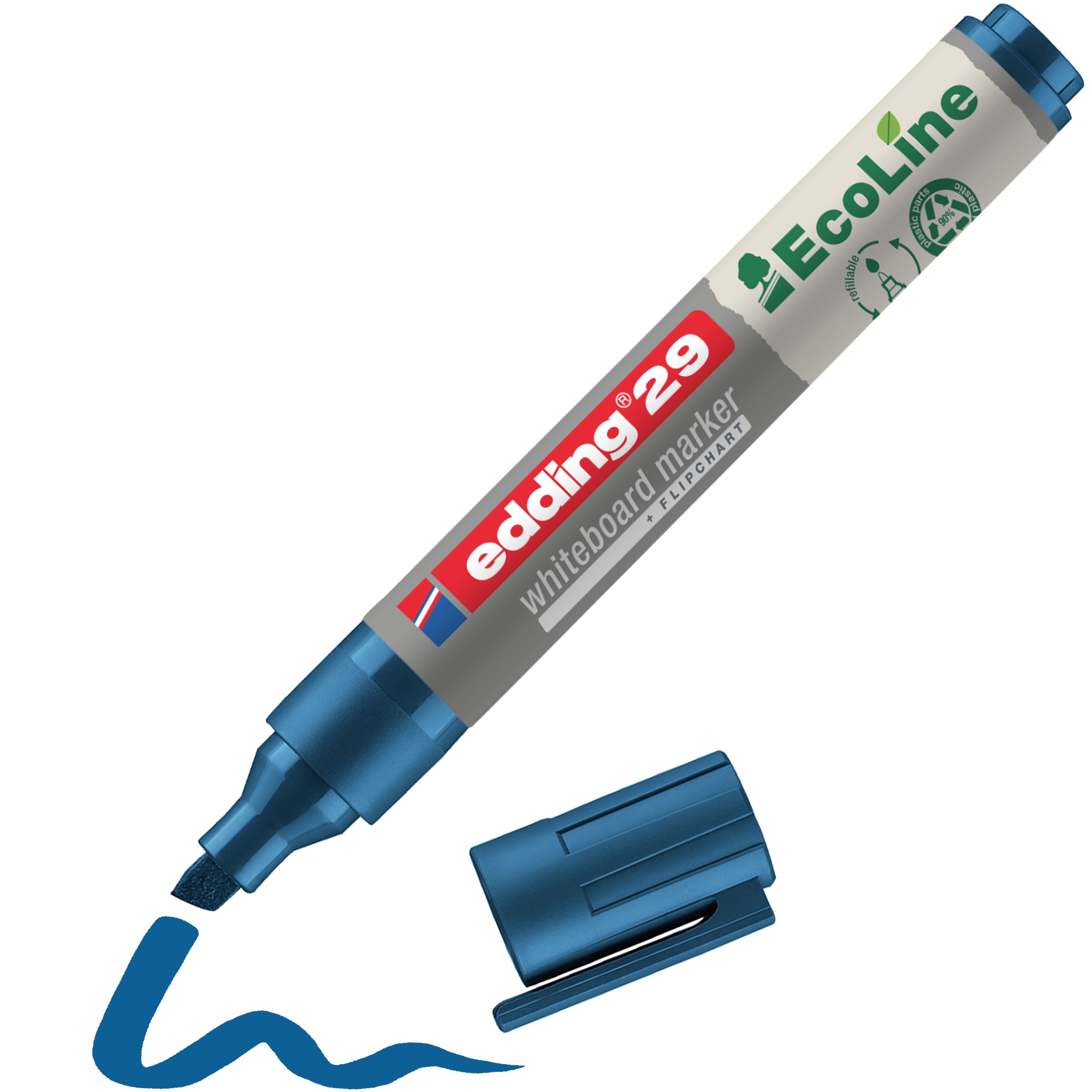 Ein blauer edding 29 EcoLine Whiteboardmarker der Marke edding, aus recyceltem Material und nachfüllbar, liegt offen mit abgenommener Kappe neben einem blauen Wellenstrich seiner Keilspitze.