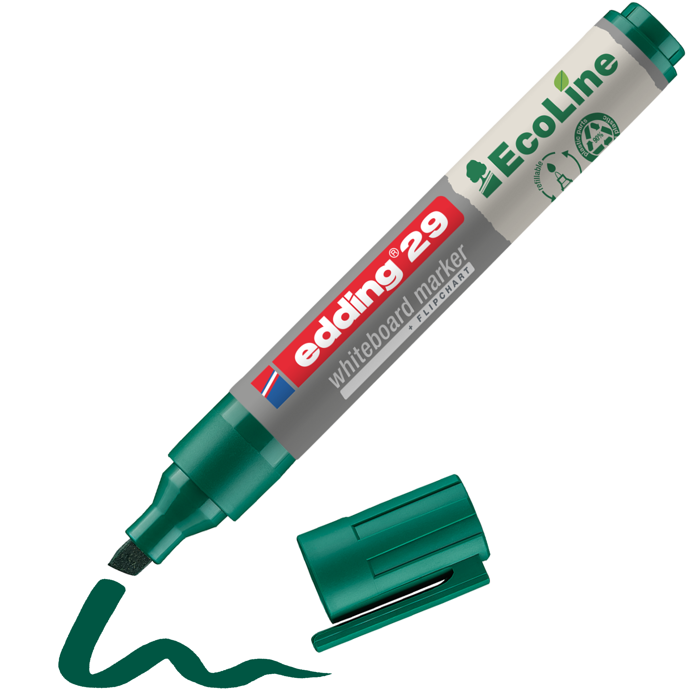 Abgebildet ist ein grüner edding 29 EcoLine Whiteboardmarker von edding, hergestellt aus recycelten Materialien und nachfüllbar, ohne Kappe, mit einer Keilspitze und einer wellenförmigen grünen Linie, die der Marker gezogen hat.