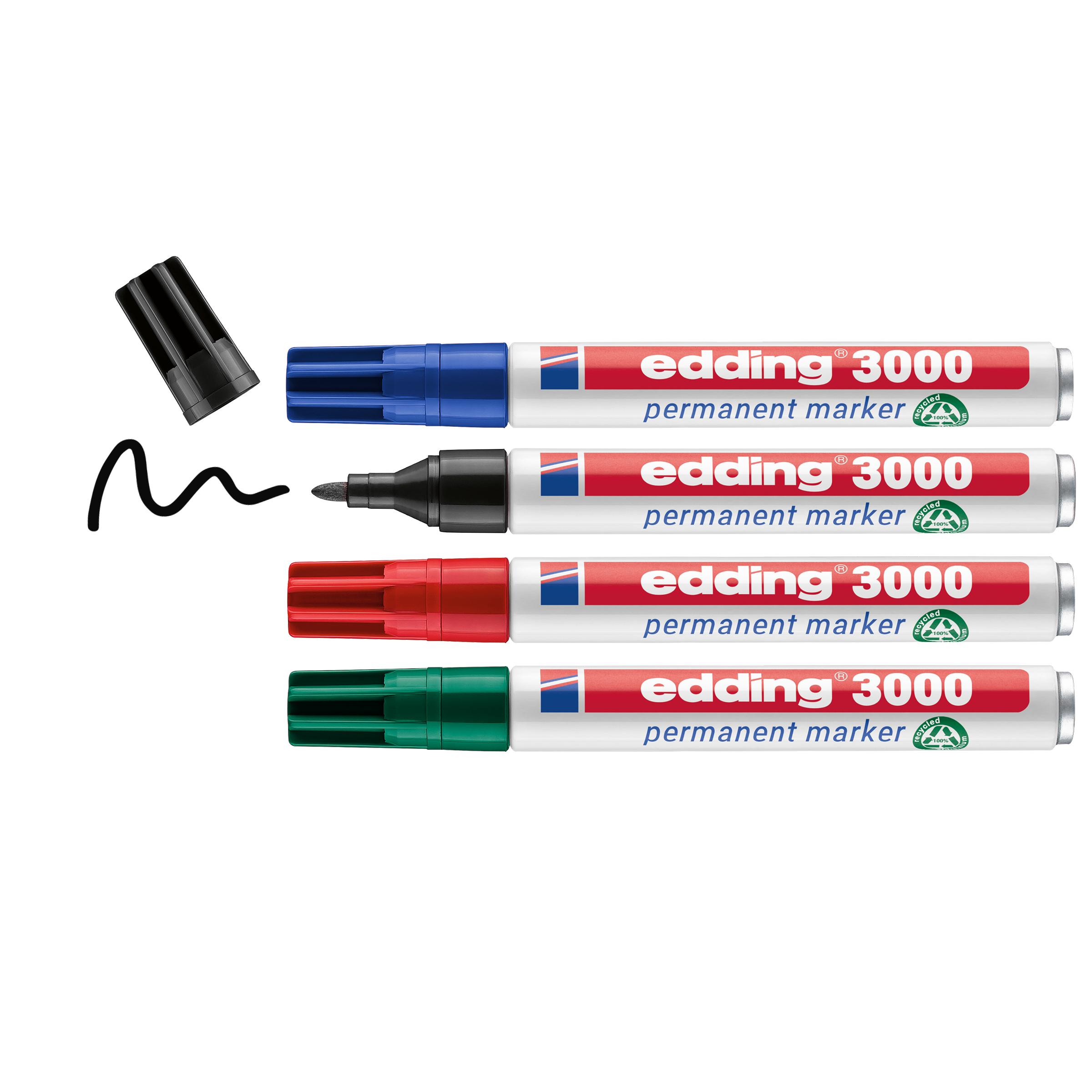 Das edding 3000 Permanentmarker 4er-Set von edding präsentiert blaue, schwarze, rote und grüne Marker nebeneinander. Die Kappe des schwarzen Markers ist abnehmbar und gibt den Blick auf die Spitze und eine Schnörkellinie frei; die anderen bleiben mit Kappe. Alle Marker sind Made in Germany.