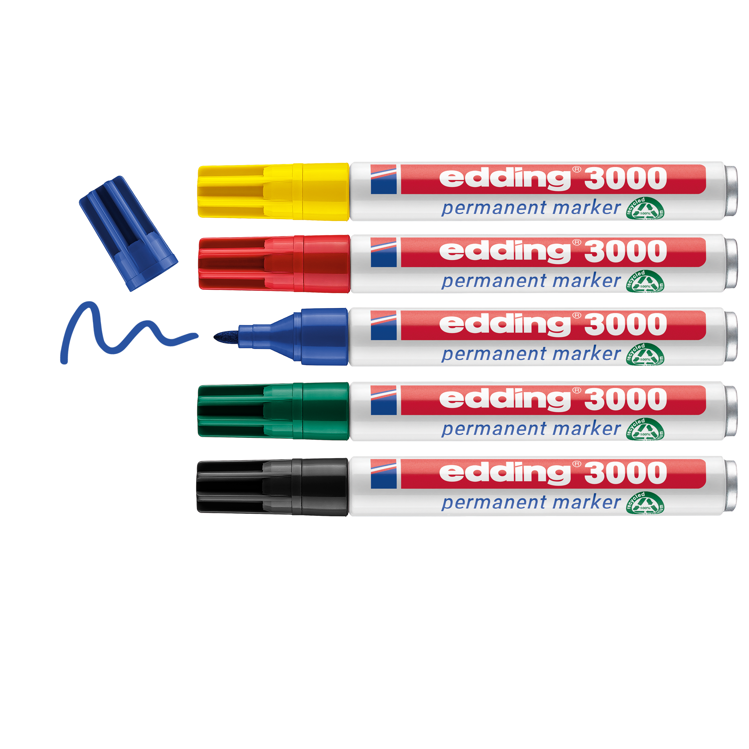 Das edding 3000 Permanentmarker 5er Set von edding ist in den Farben Gelb, Rot, Blau, Grün und Schwarz gestapelt abgebildet. Der blaue Marker ohne Kappe zeichnet mit der danebenliegenden Kappe eine Schlangenlinie.