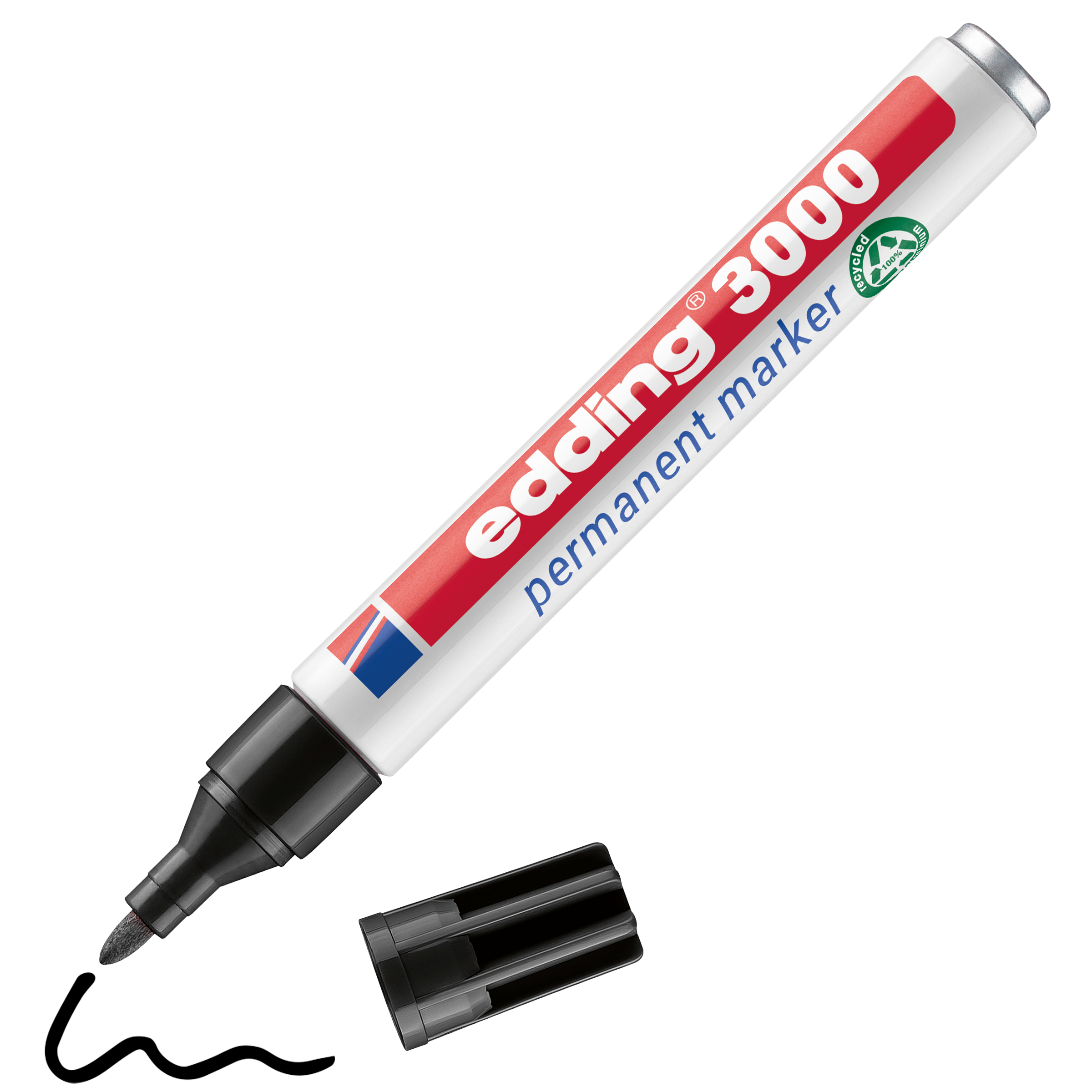 edding 3000 Permanentmarker in Schwarz mit offener Kappe und einem gemaltem Strich