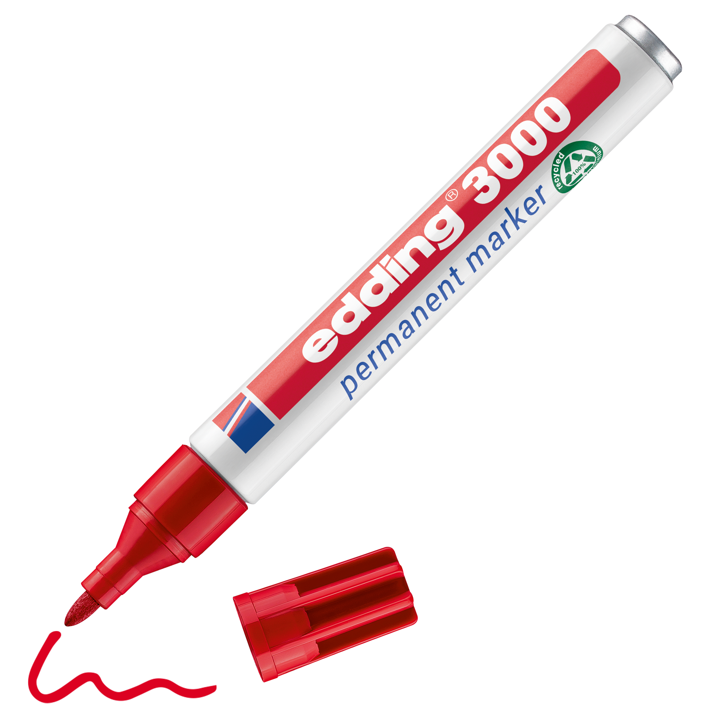 edding 3000 Permanentmarker in rot mit offener Kappe und einem gemaltem Strich