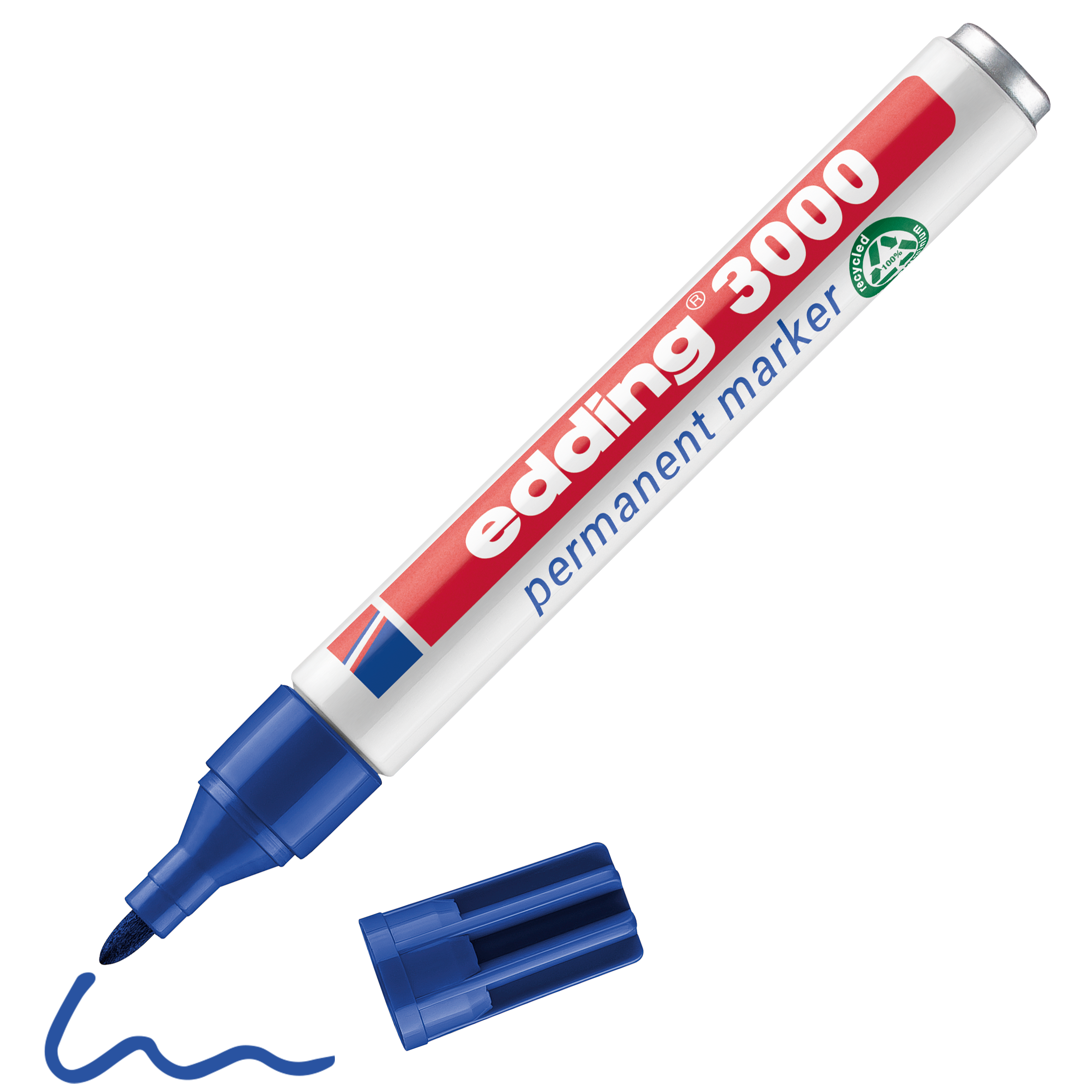 edding 3000 Permanentmarker in blau mit offener Kappe und einem gemaltem Strich