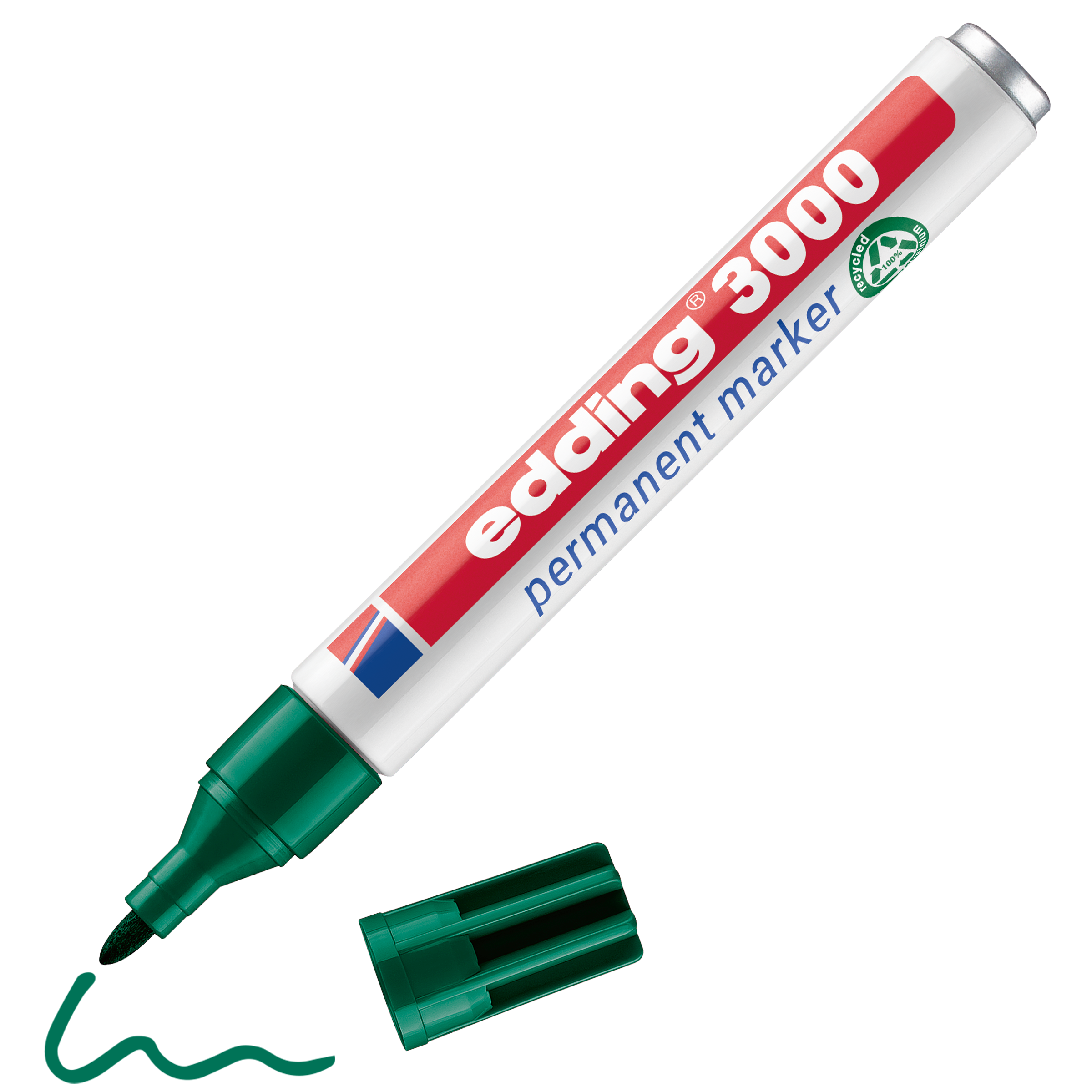 edding 3000 Permanentmarker in grün mit offener Kappe und einem gemaltem Strich
