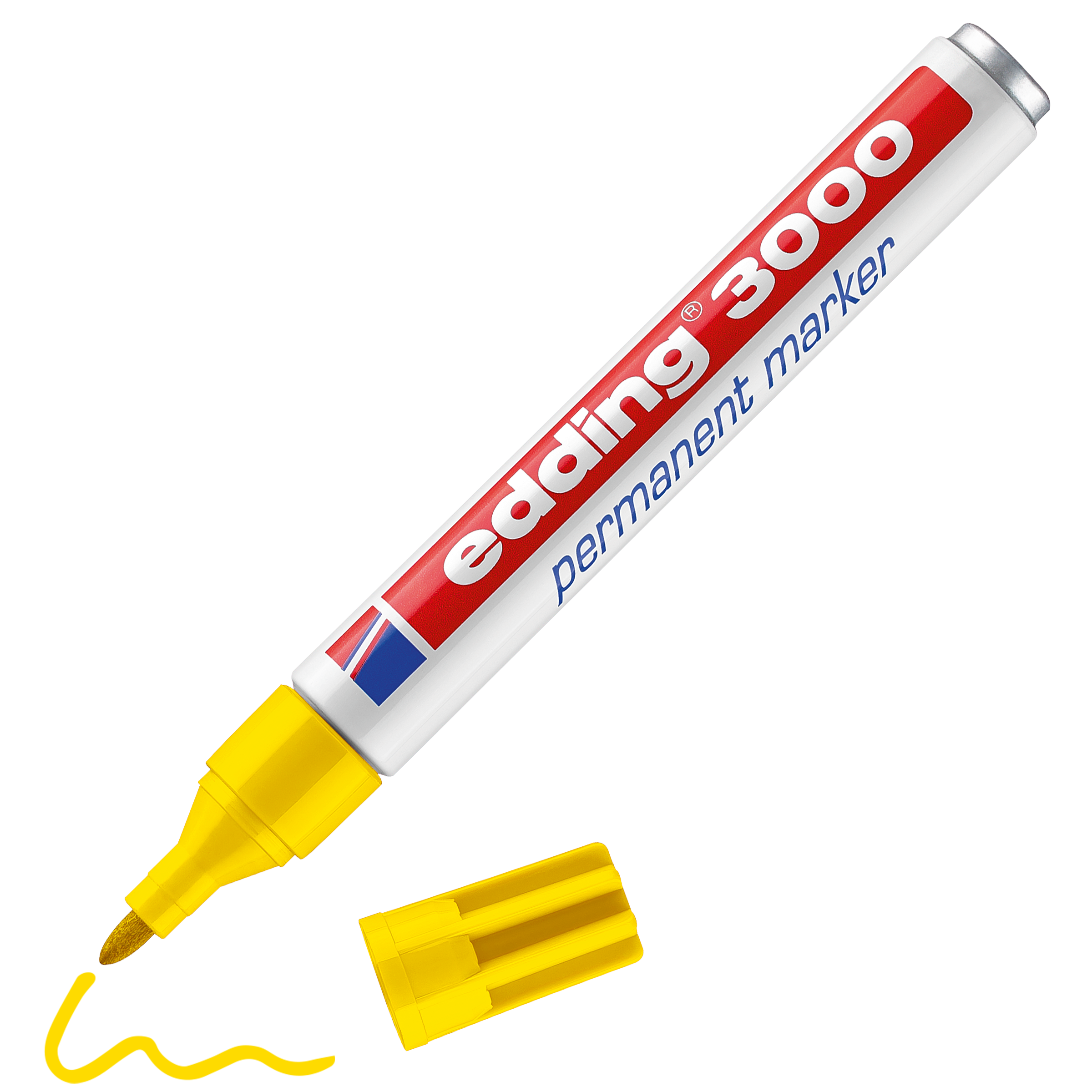 edding 3000 Permanentmarker in gelb mit offener Kappe und einem gemaltem Strich