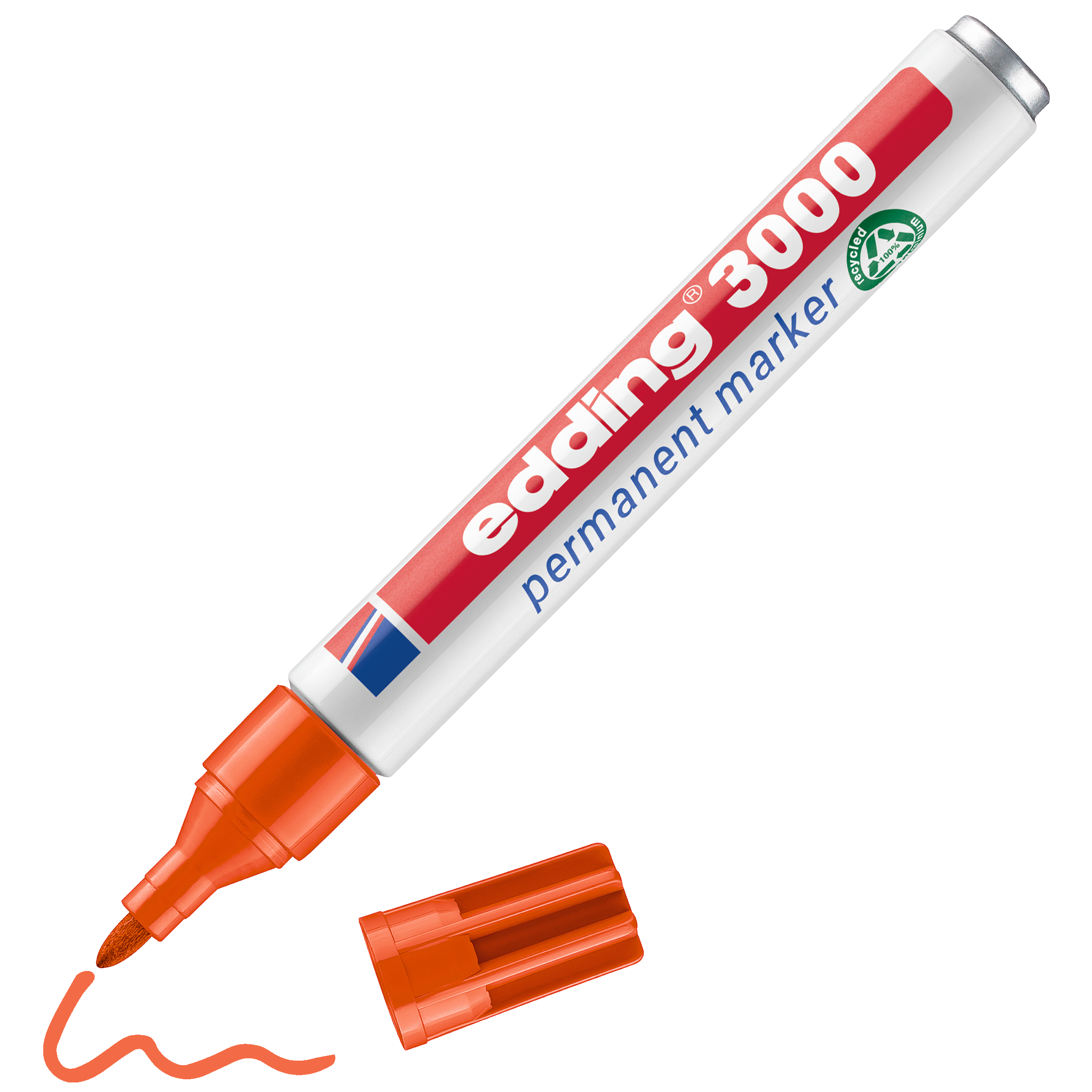 edding 3000 Permanentmarker in orange mit offener Kappe und einem gemaltem Strich