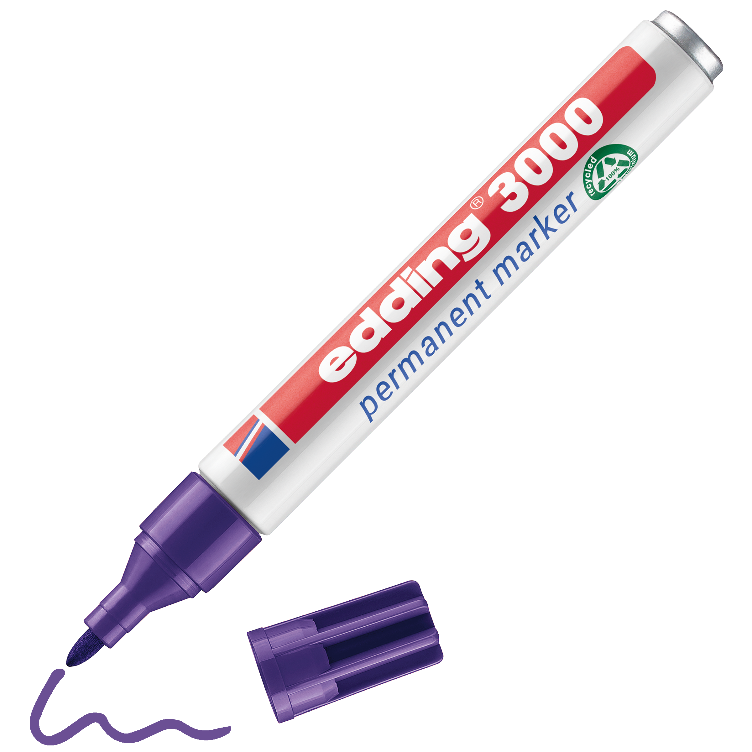 edding 3000 Permanentmarker in violett mit offener Kappe und einem gemaltem Strich