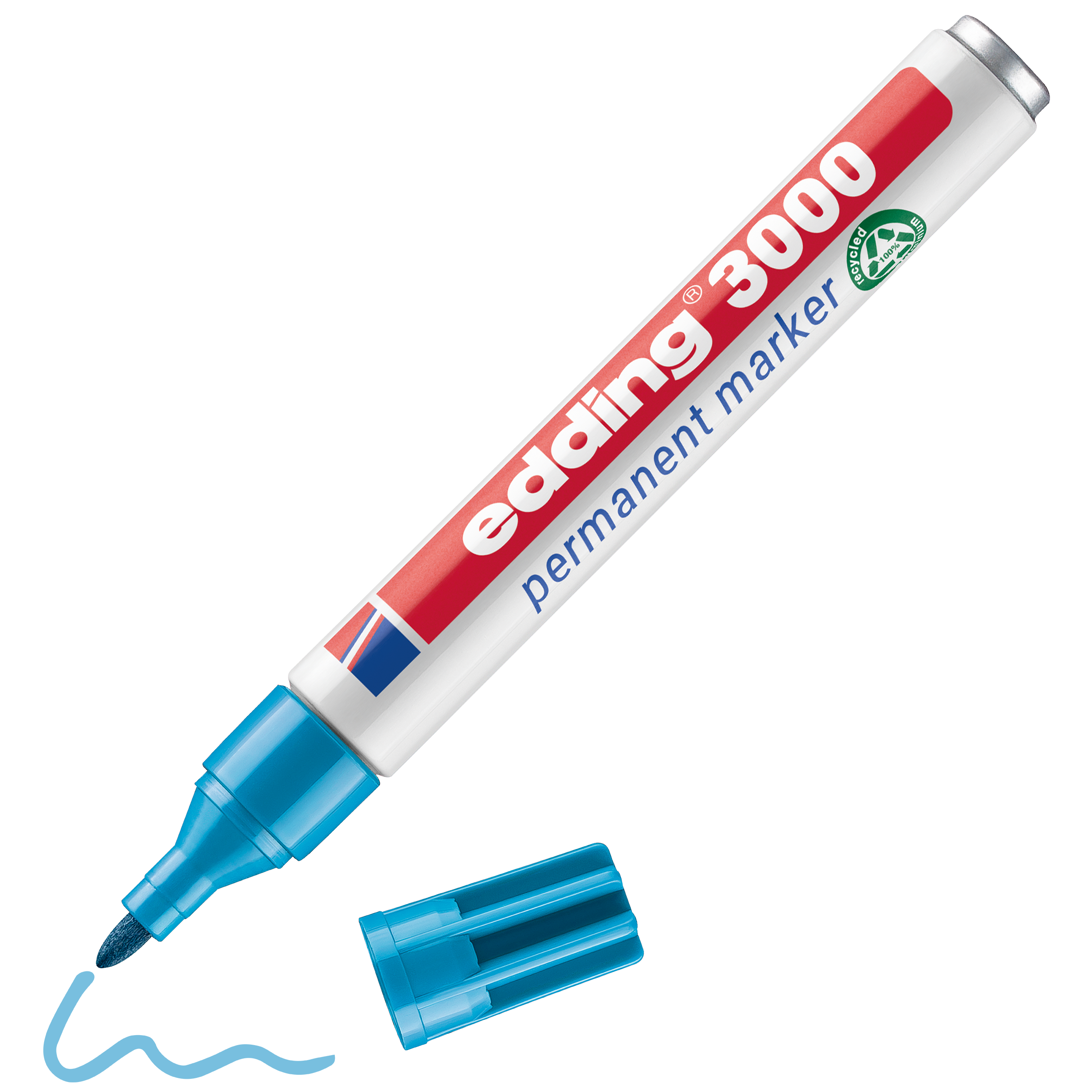 edding 3000 Permanentmarker in hellblau mit offener Kappe und einem gemaltem Strich