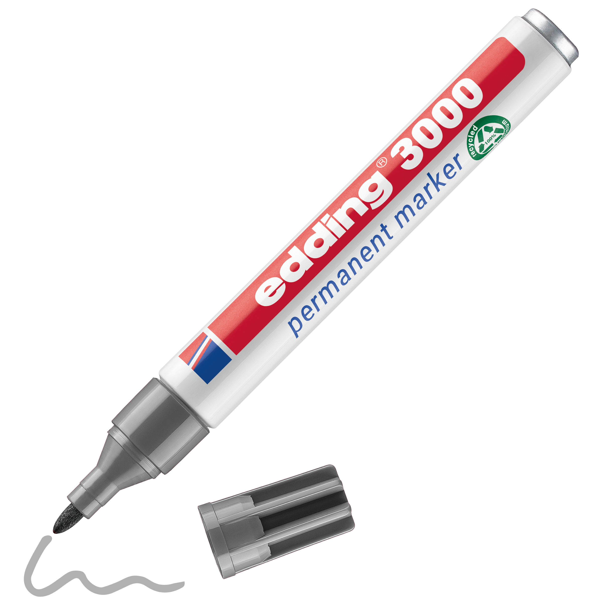 edding 3000 Permanentmarker in grau mit offener Kappe und einem gemaltem Strich