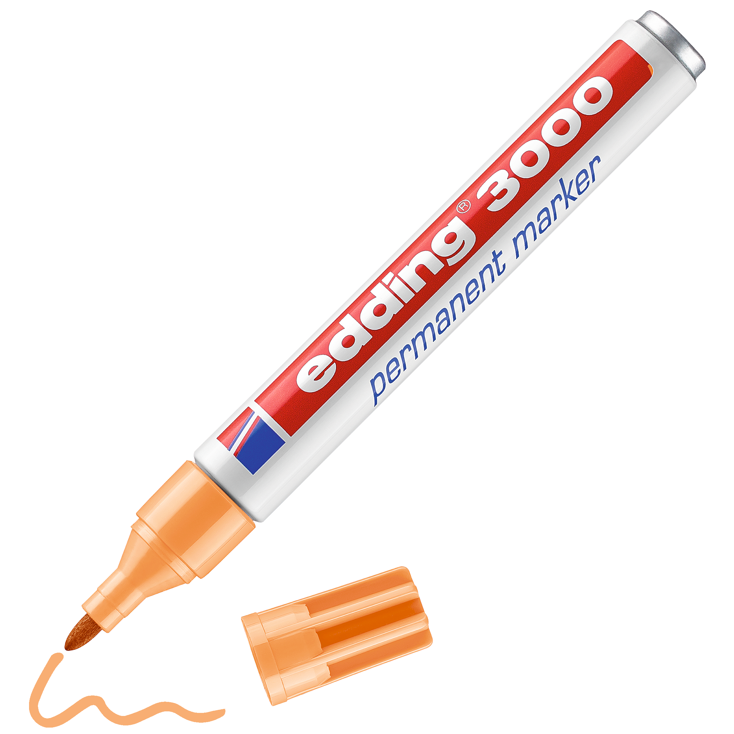 edding 3000 Permanentmarker in hellorange mit offener Kappe und einem gemaltem Strich