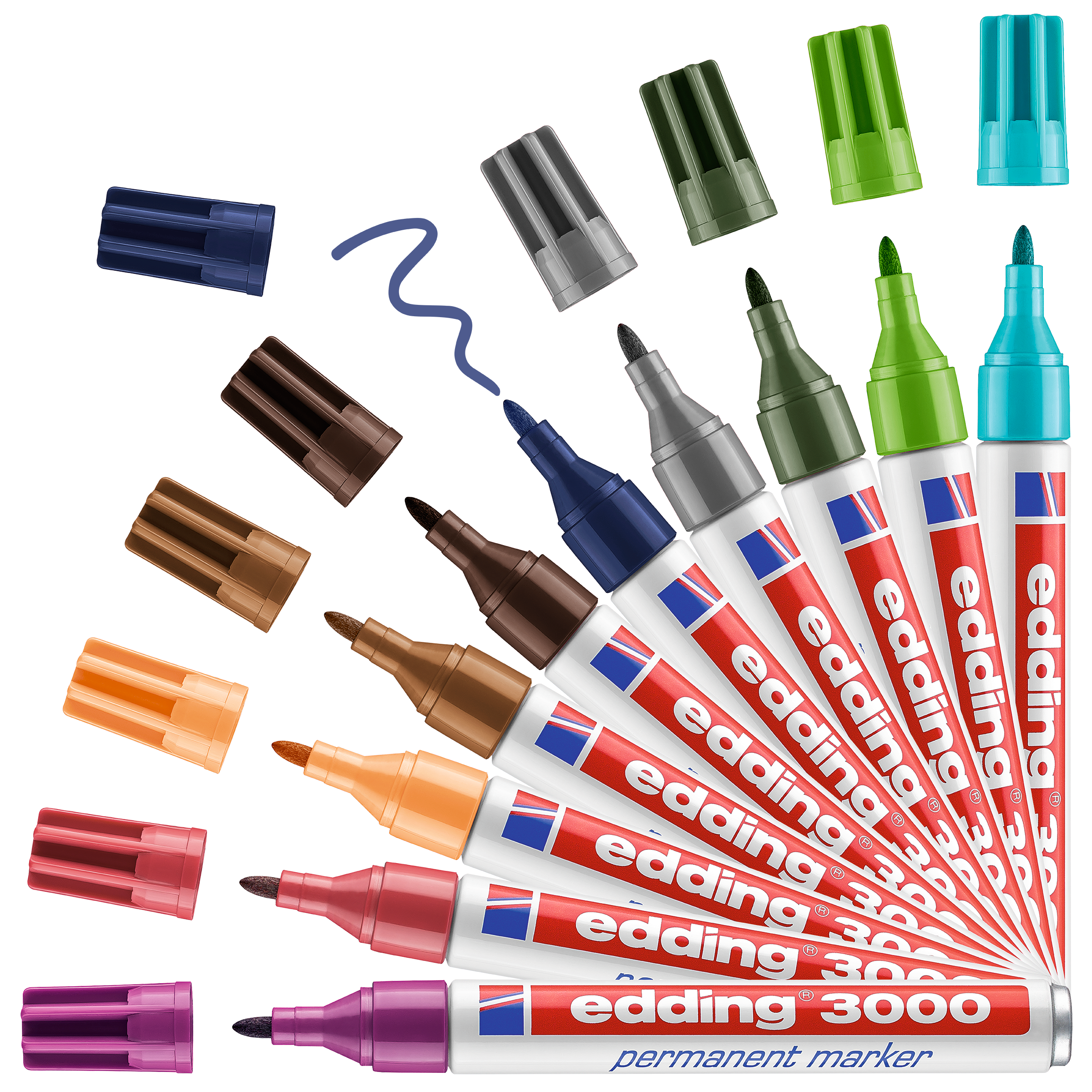 Das edding 3000 Permanentmarker 10er Set von edding bietet zehn Marker mit passenden Kappen in den Farben Blau, Grün, Gelb, Orange, Braun, Rot, Violett und Schwarz für langanhaltende Markierungen.
