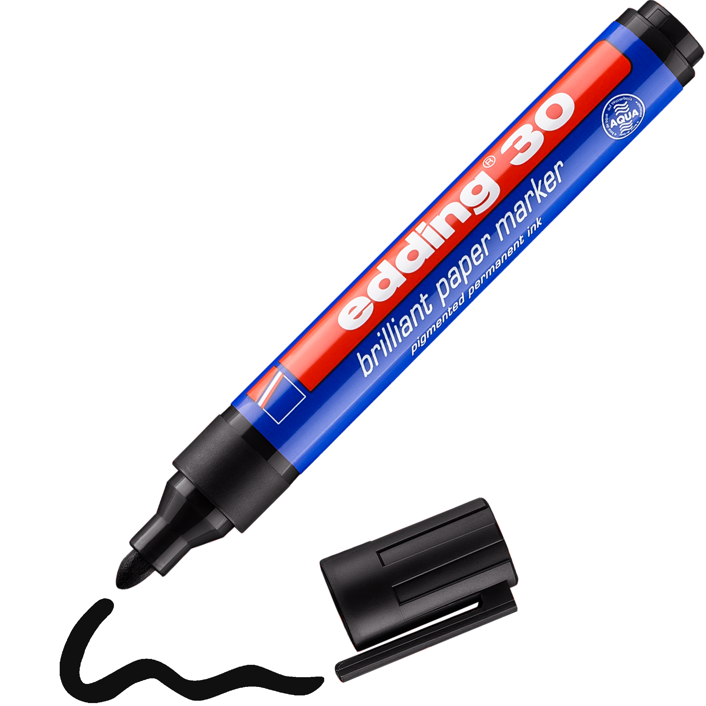 Ein roter, blauer und schwarzer edding 30 Brillant-Papiermarker mit abgenommener schwarzer Kappe zeigt die Keilspitze und eine wellenförmige schwarze Linie – ideal für lichtbeständige Beschriftungen in brillanten Farben.