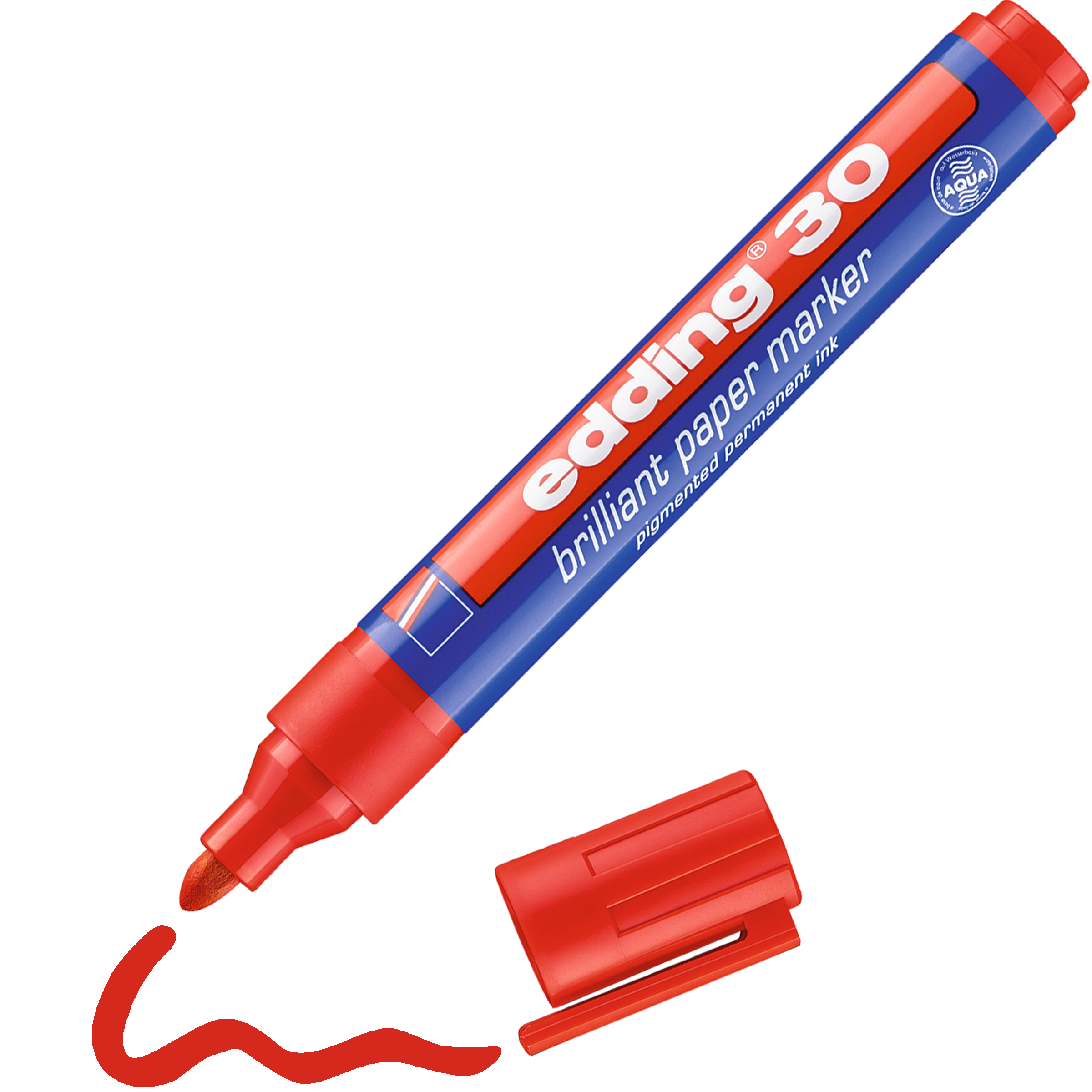 Ein edding 30 Brillant-Papiermarker in Rot ohne Kappe zeigt die Keilspitze und eine gewellte rote Linie. Der edding-Schriftzug und die Produktinformationen befinden sich auf dem Gehäuse und betonen die wasserfeste Tinte für lichtbeständige Beschriftungen.