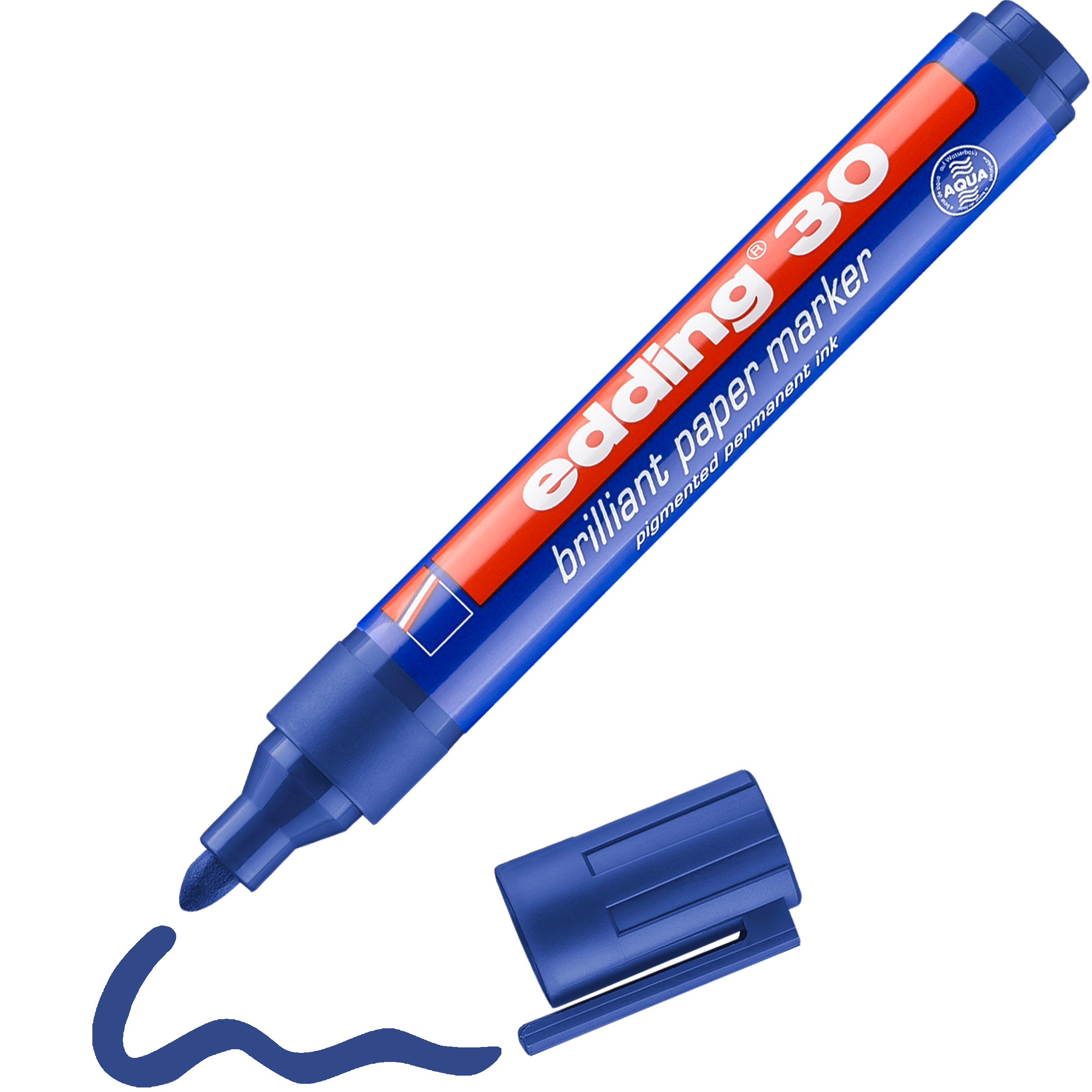 Daneben liegt ein blauer edding 30 Brillant-Papiermarker von edding, perfekt für lichtbeständige Beschriftungen, ohne Kappe. Der Marker mit weiß-orangefarbener Schrift hat eine wellenförmige blaue Linie gezeichnet.