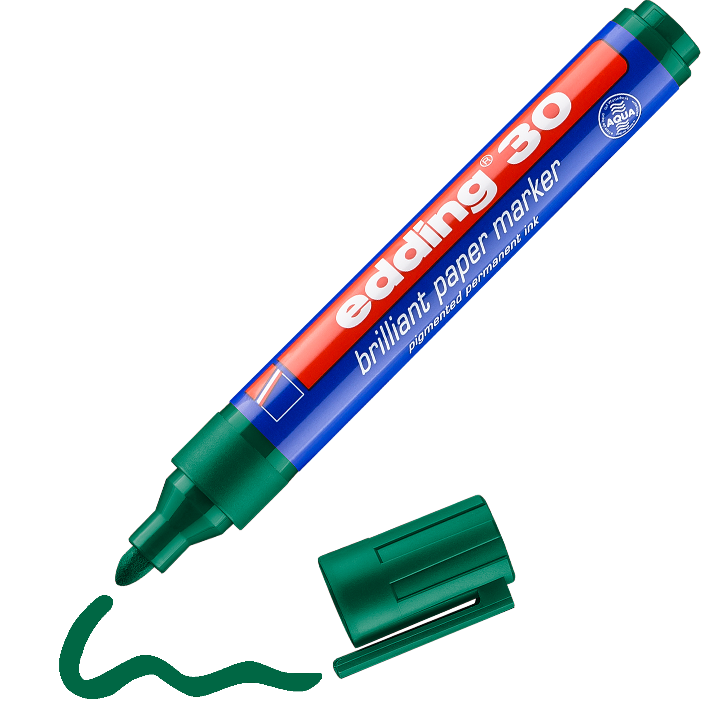 Ein grüner edding 30 Brillant-Papiermarker von edding, perfekt für lichtbeständige Beschriftungen, wird ohne Kappe mit sichtbarer Filzspitze und einer gezeichneten grünen Wellenlinie gezeigt; der blau-rote Schaft weist weißen Text in leuchtenden Farben auf.