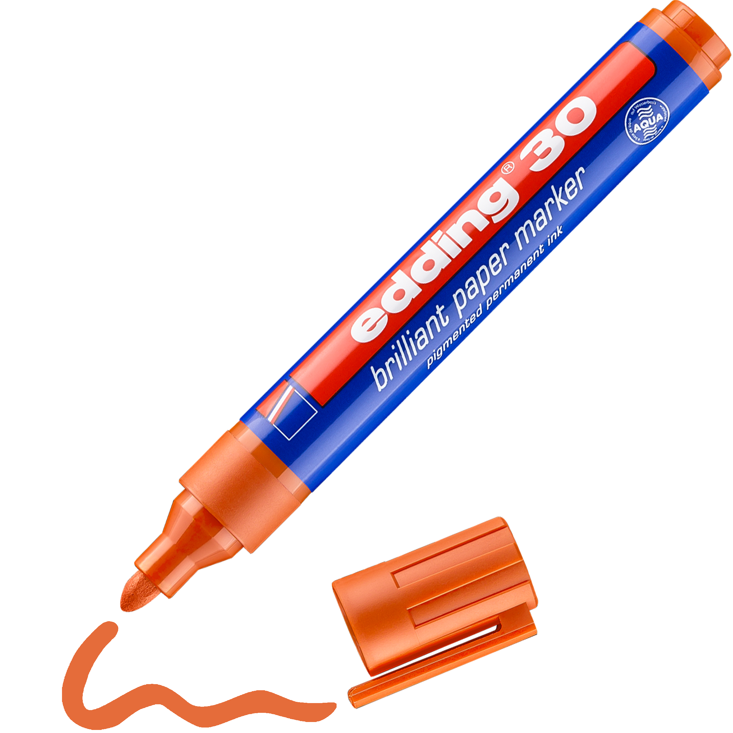Ein orangefarbener edding 30 Brillant-Papiermarker von edding liegt ohne Kappe neben einer orangefarbenen Wellenlinie, die er selbst gezeichnet hat. Die Keilspitze und das farbenfrohe blau-orange Etikett machen ihn ideal für Beschriftungen in leuchtenden Farben.