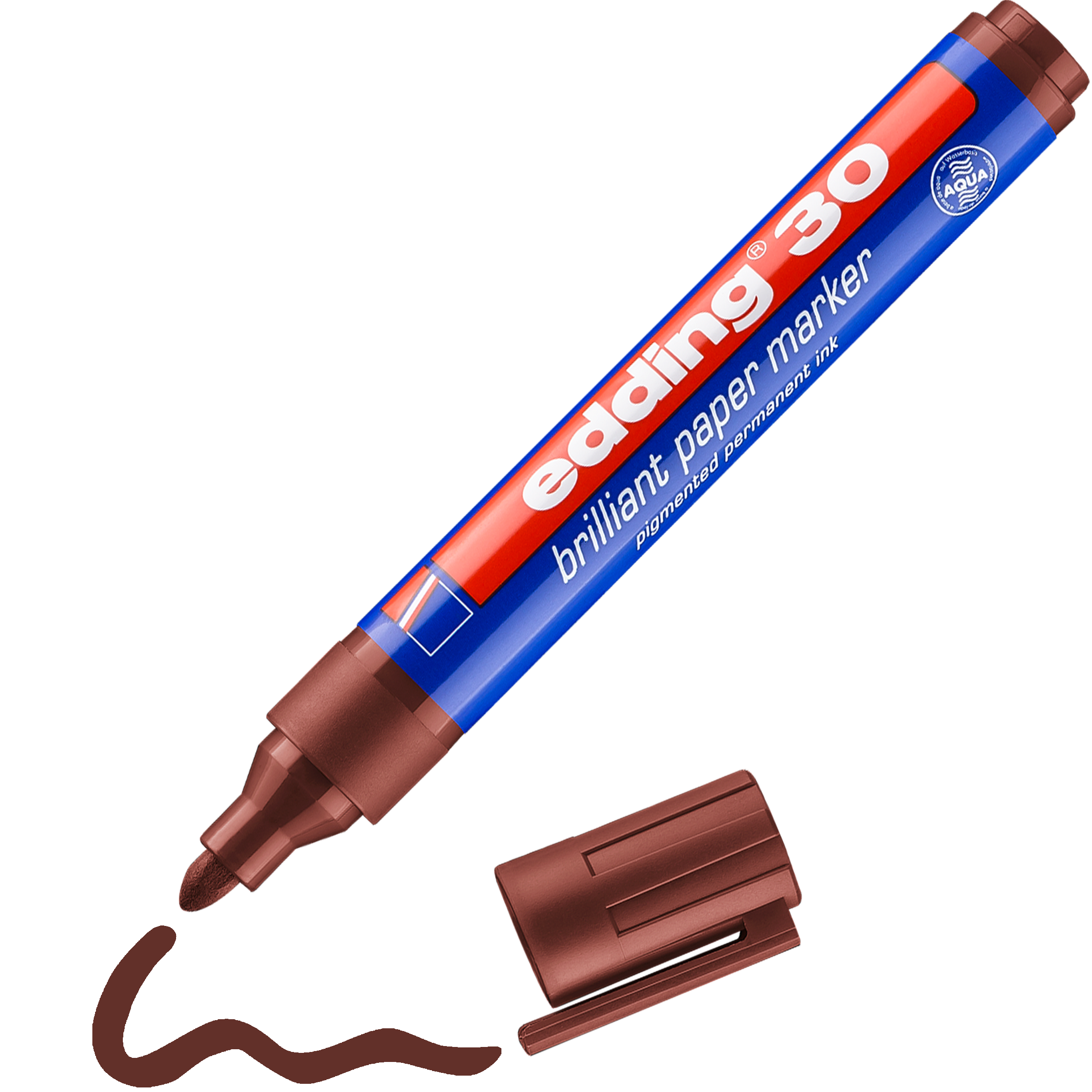 An einer verschnörkelten Linie liegt ein unverschlossener edding 30 Brillant-Papiermarker in Braun von edding. Sein blau-roter Körper mit weißem Text liefert lichtbeständige Farben – ideal für dauerhafte Beschriftungen auf Papier.