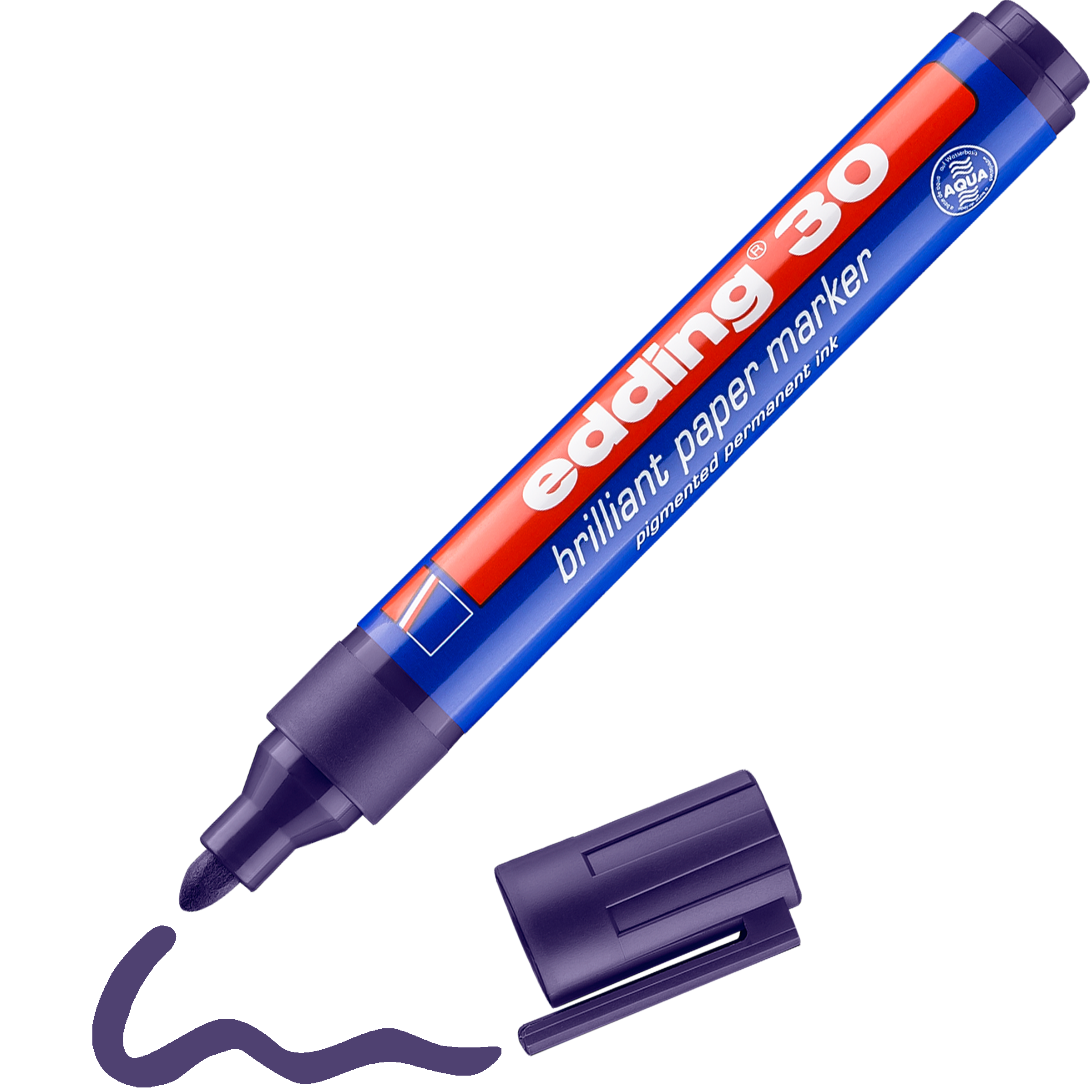 Ein blau-roter edding 30 Brillant-Papiermarker, perfekt für lichtbeständige Beschriftungen, mit abgenommener violetter Kappe daneben und einer violetten Wellenlinie, die mit der Spitze gezogen wird.