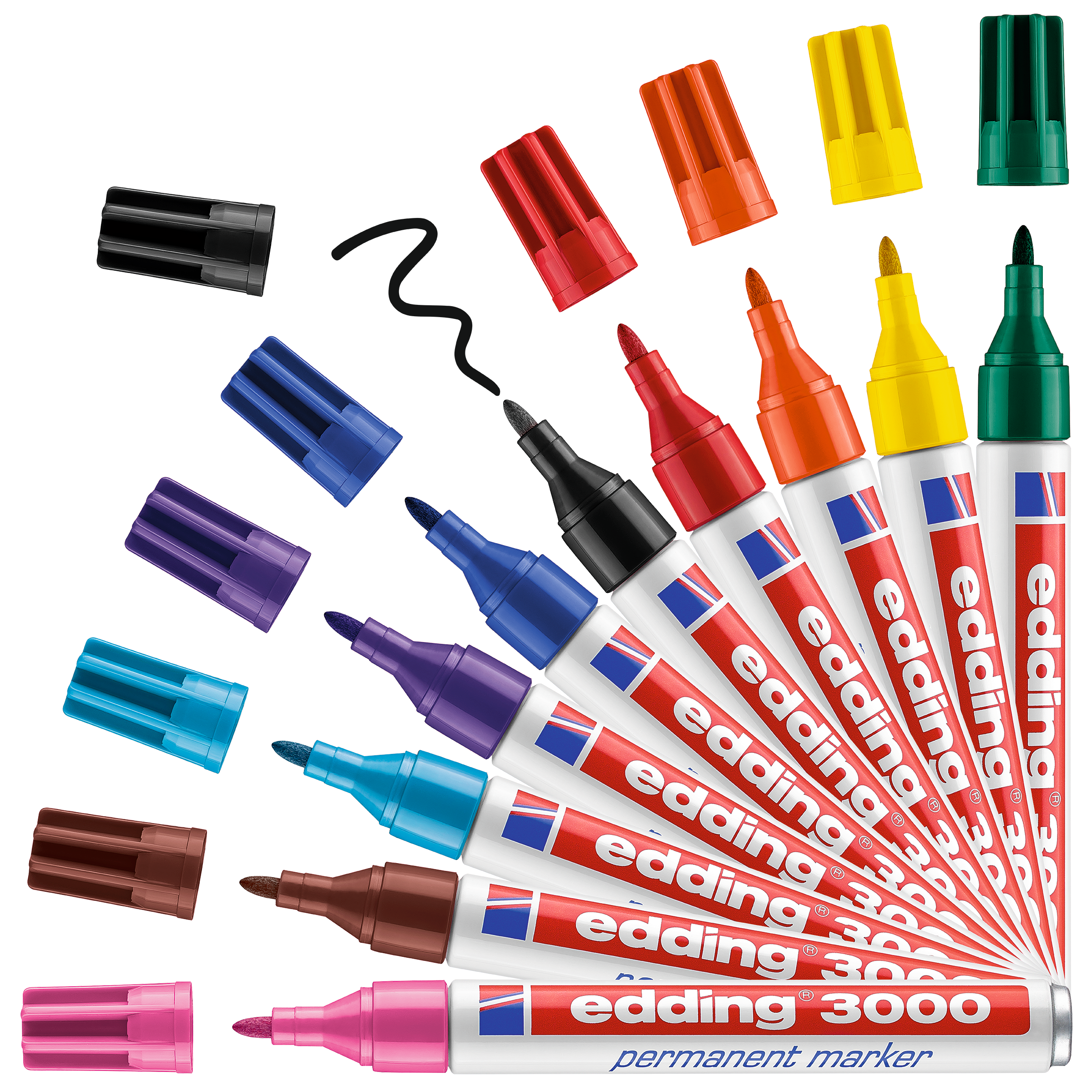 10er-Set edding 3000 Permanentmarker in schwarz, rot, blau, grün, gelb, orange, lila, pink, hellblau und braun