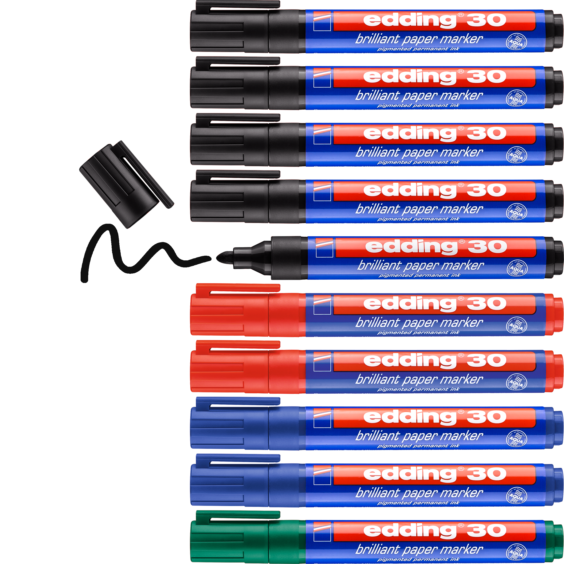 Zehn edding 30 Brillant-Papiermarker in Schwarz, Rot, Blau und Grün sind horizontal angeordnet. Ein schwarzer Marker mit wasserfester Tinte hat keine Kappe und zeichnet eine Wellenlinie; die Kappe liegt darüber.