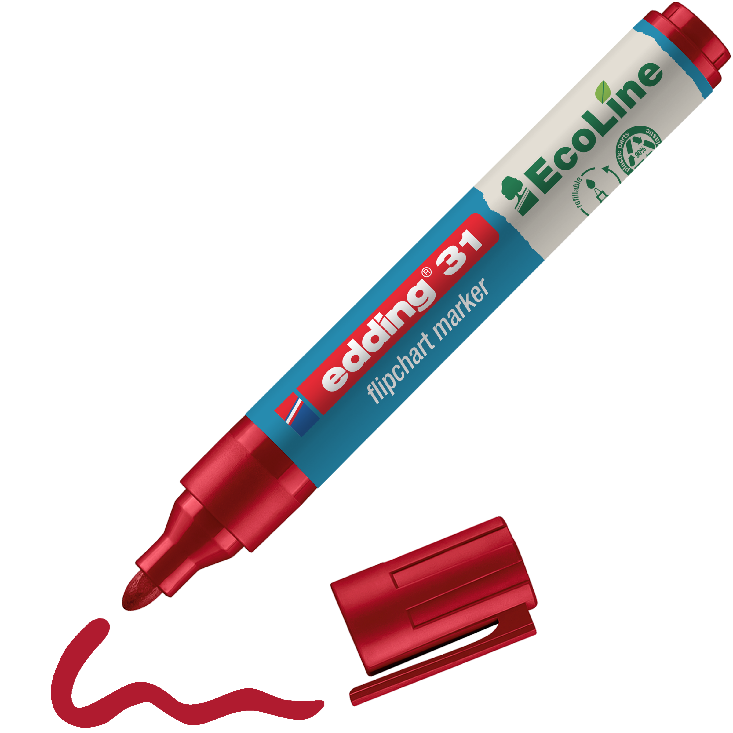 Ein roter edding 31 EcoLine Flipchartmarker aus Recyclingmaterial hat ohne Kappe eine wellenförmige rote Linie gezeichnet, ideal für Präsentationen, während die Kappe in der Nähe liegt.