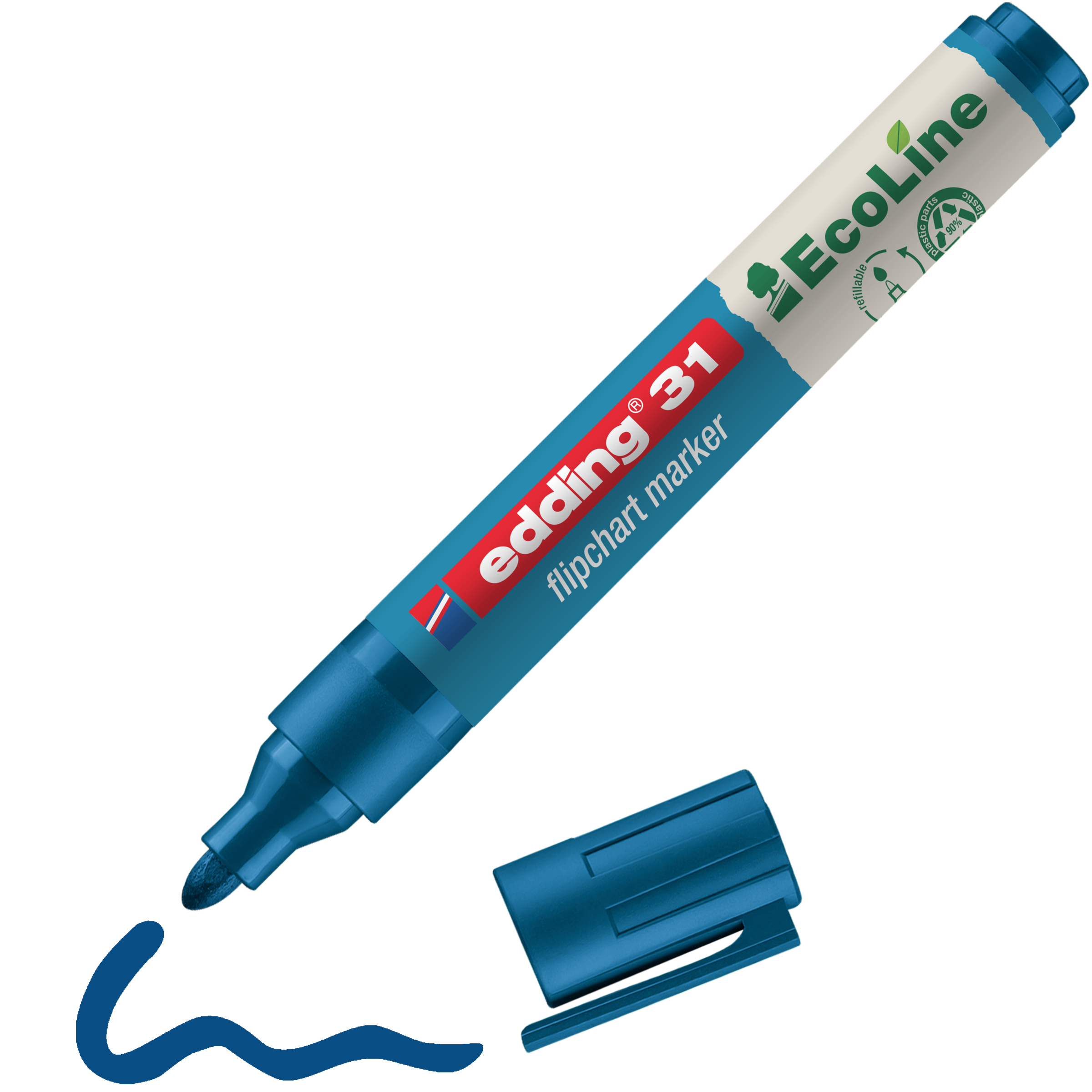 Ein edding 31 EcoLine Flipchartmarker von edding aus recyceltem Material, mit abgezogener Kappe und gewellter blauer Linie – perfekt für professionelle Präsentationen.